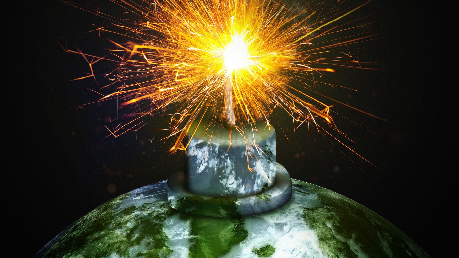Illustration of a close up view of the Earth stylized as a bomb with an extremely short lit fuse. Sparks are flying everywhere.  