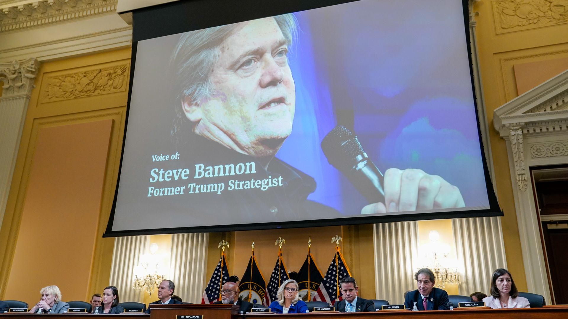 Steve Bannon is seen on screen as the House Jan. 6 select committee holds its fourth public hearing on Capitol Hill on Tuesday, June 21, 2022.