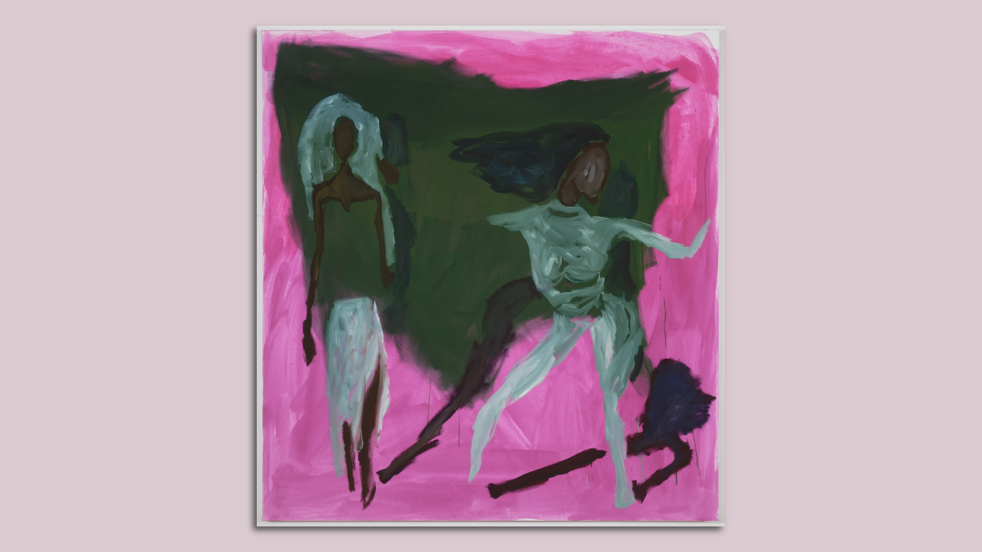 An image of an oil on canvas painting of two individuals in front of a pink background, by Enrico Riley, called "Together VIII"