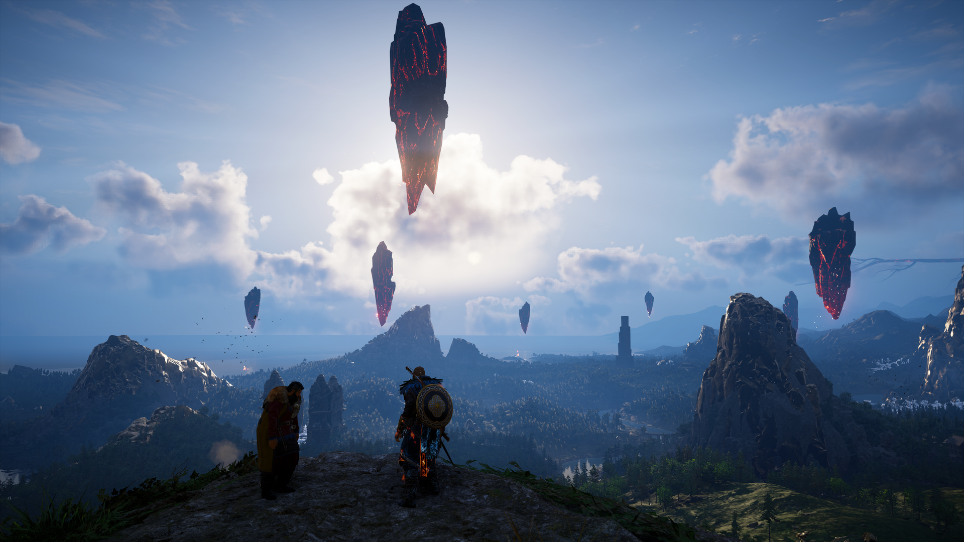 Video game screenshot of a Norse warrior-god standing on a hilltop looking at a horizon that includes floating monoliths