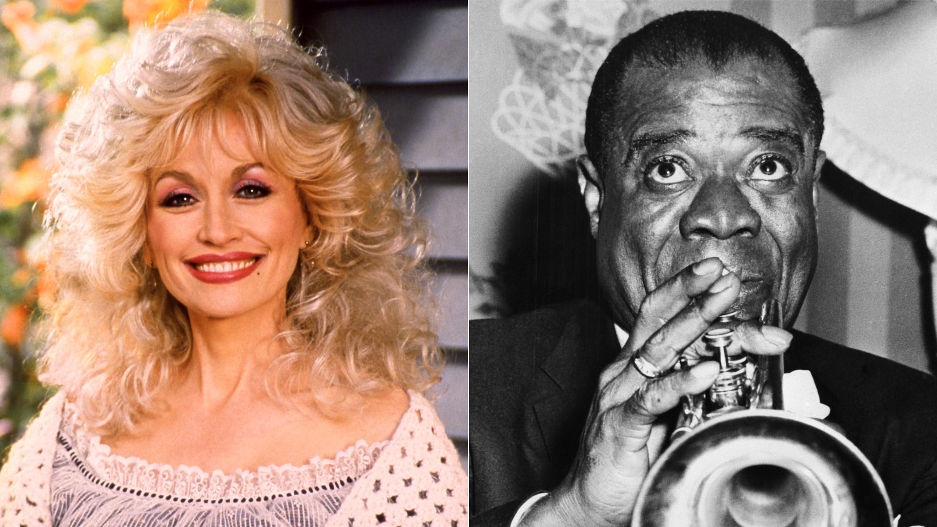 Image shows headshots of Dolly Parton and Louis Armstrong, who is playing a horn.