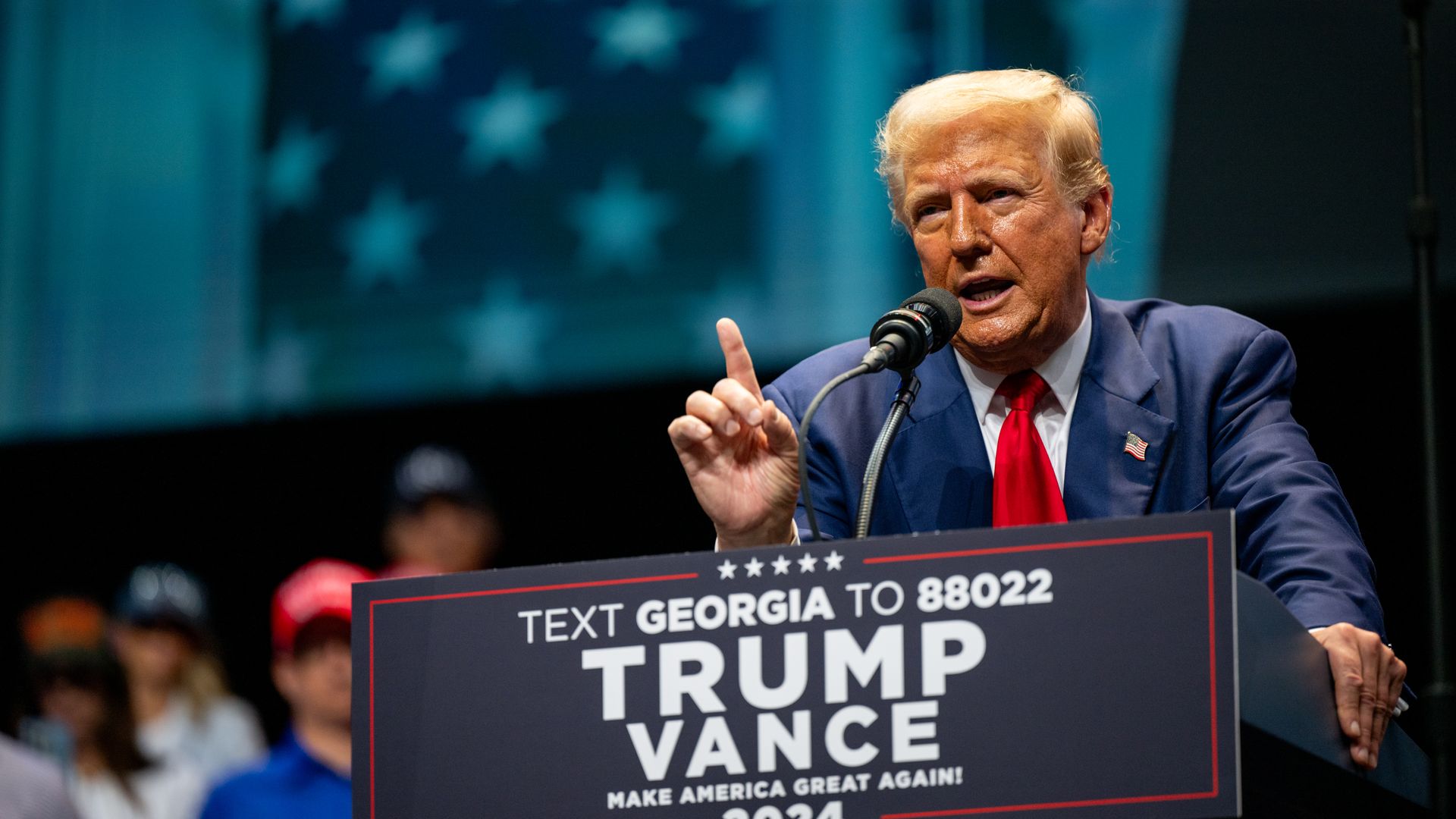 Republican presidential nominee, former U.S. President Donald Trump speaks at a campaign rally at the Johnny Mercer Theatre on September 24, 2024 in Savannah, Georgia. 