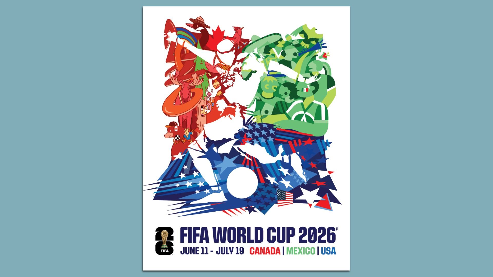 Colorful graphic of a soccer player with flags and symbols from Canada, Mexico, and USA, promoting FIFA World Cup 2026 held June 11 - July 19 across the three countries.