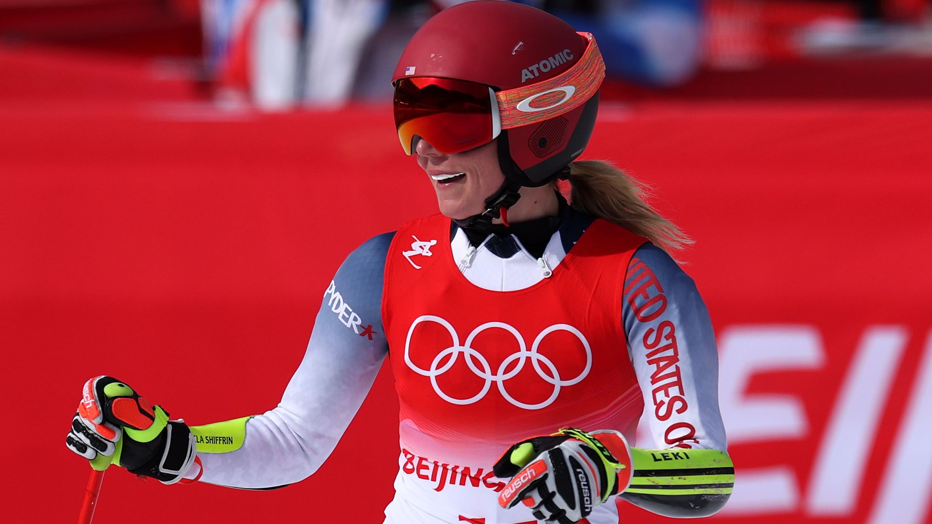 Mikaela Shiffrin of Team United States reacts during the Women's Super-G on day seven of the Beijing 2022 Winter Olympic Games at National Alpine Ski Centre on February 11,
