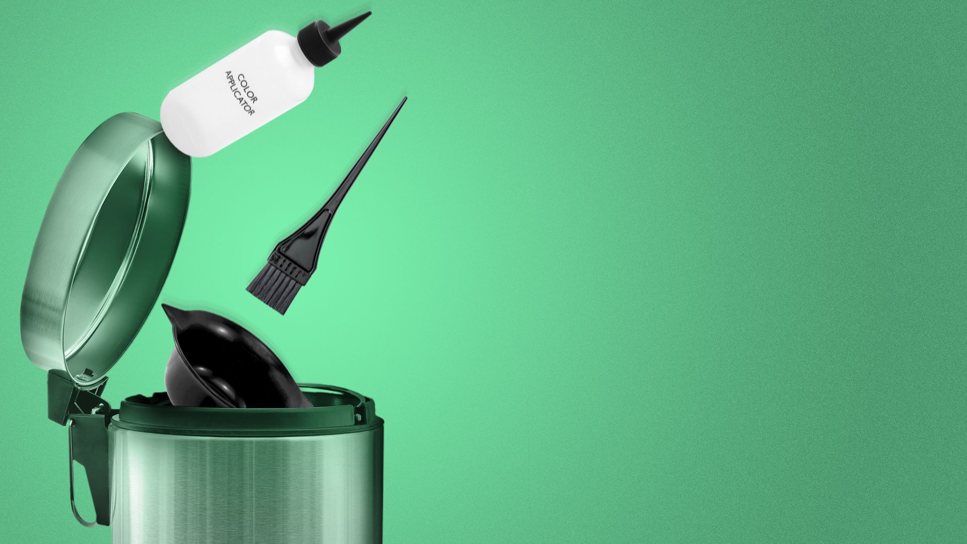 Illustration of hair dye tools being thrown into a trash can. 