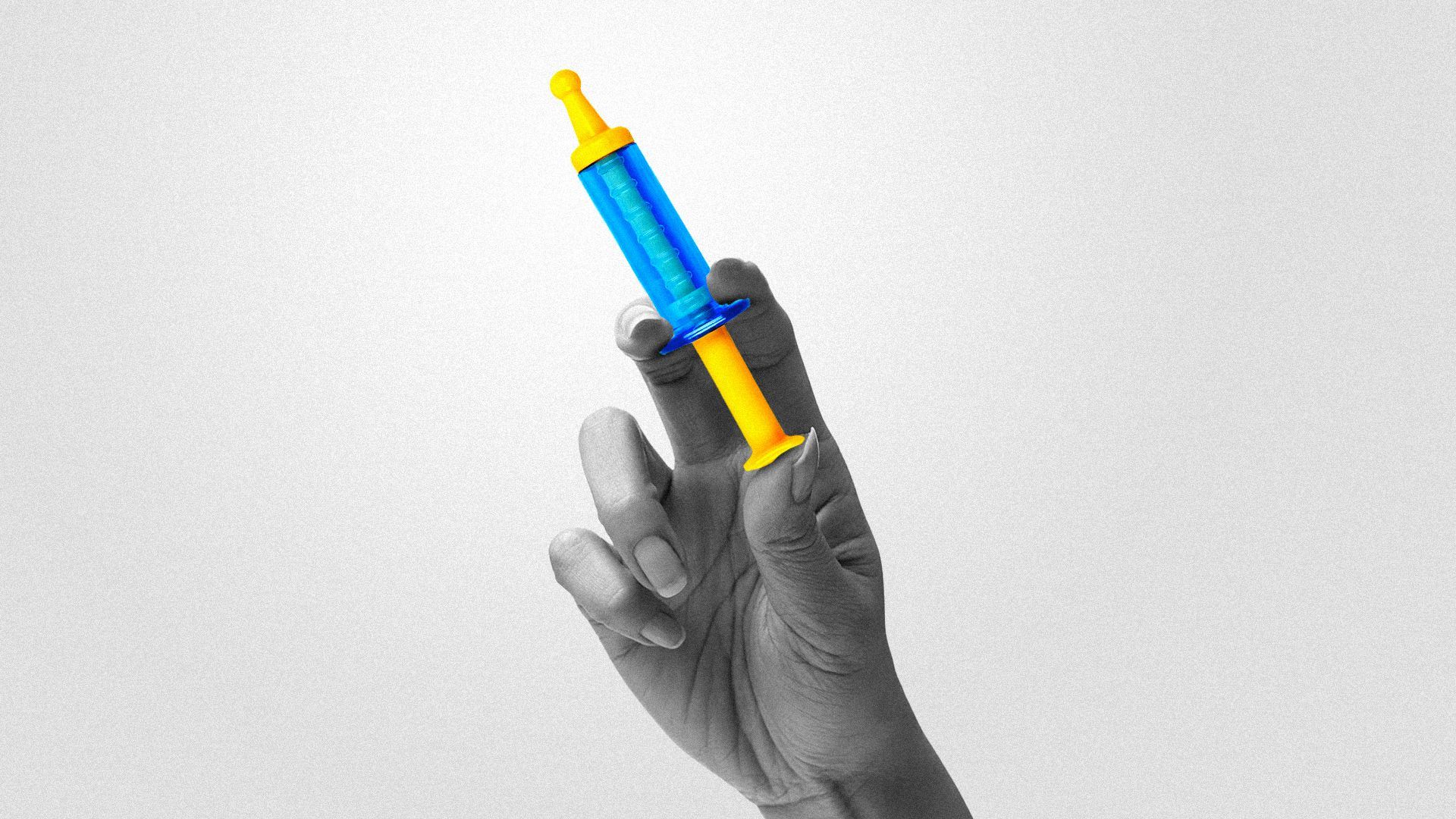 Illustration of a hand holding a toy syringe.  