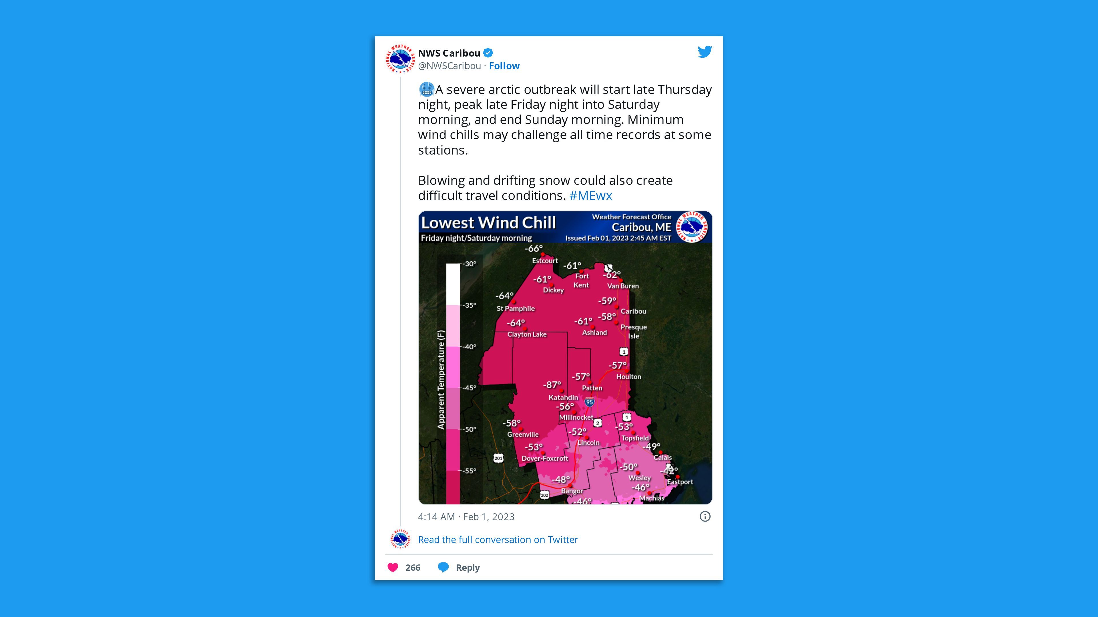 Tweet from the National Weather Service warning of record cold weather in northern Maine.