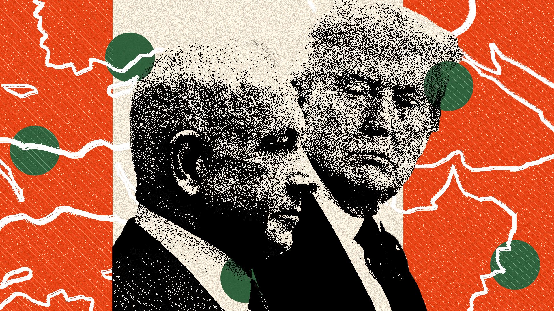 Photo illustration of Benjamin Netanyahu and Donald Trump over abstract lines in the shape of the Middle East. 