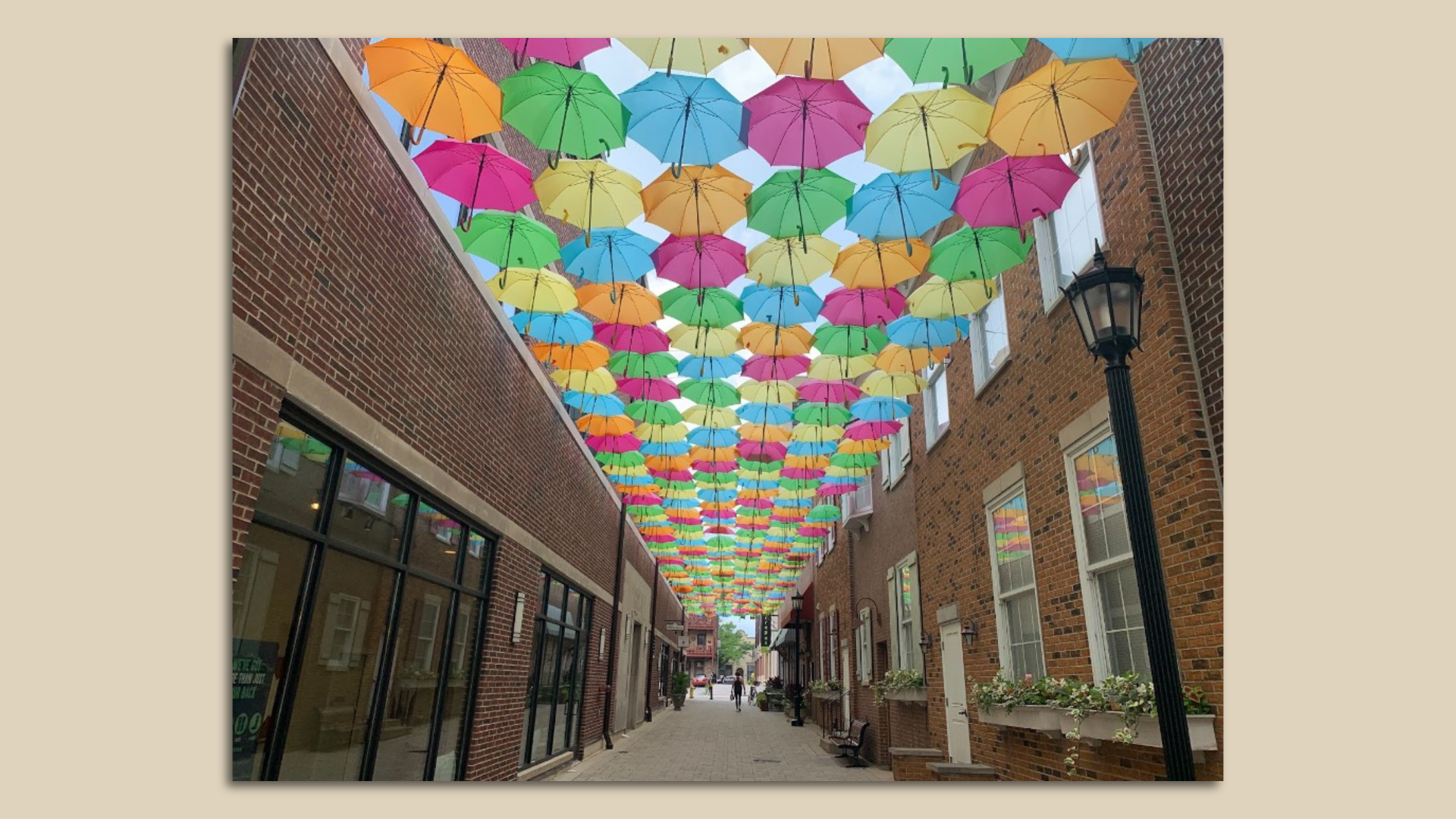 A colorful umbrella art installation floats in an alleyway in DuPage County.