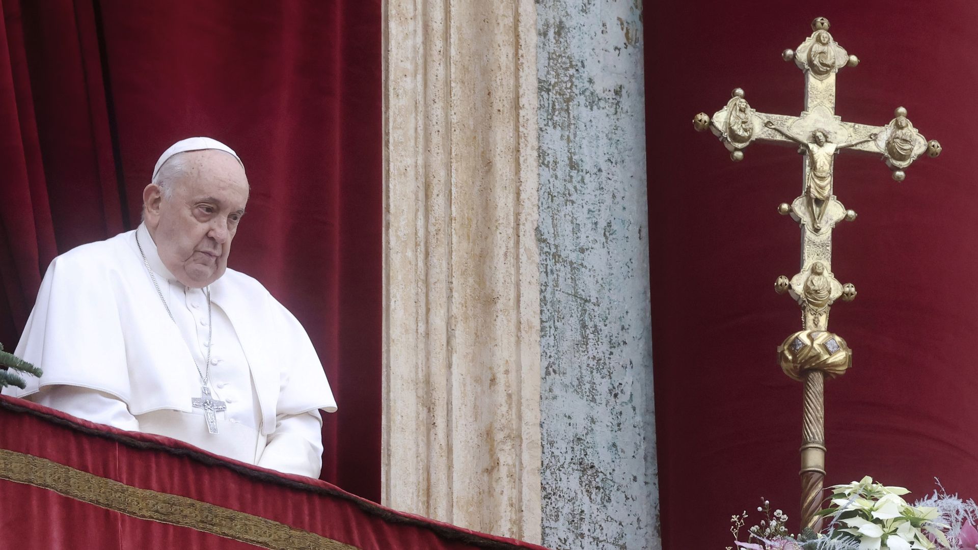 Pope Francis delivers the Urbi et Orbi Message to World from the loggia of St. Peter's Basilica, on December 25, 2023 in Vatican City, Vatican. 