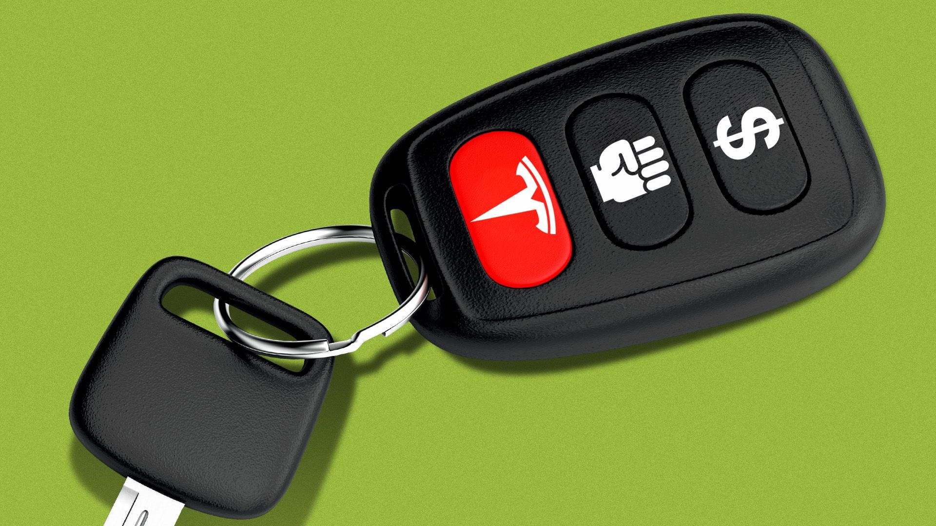 Illustration of a set of electric car keys with buttons featuring a Tesla symbol, a fist, and a dollar sign