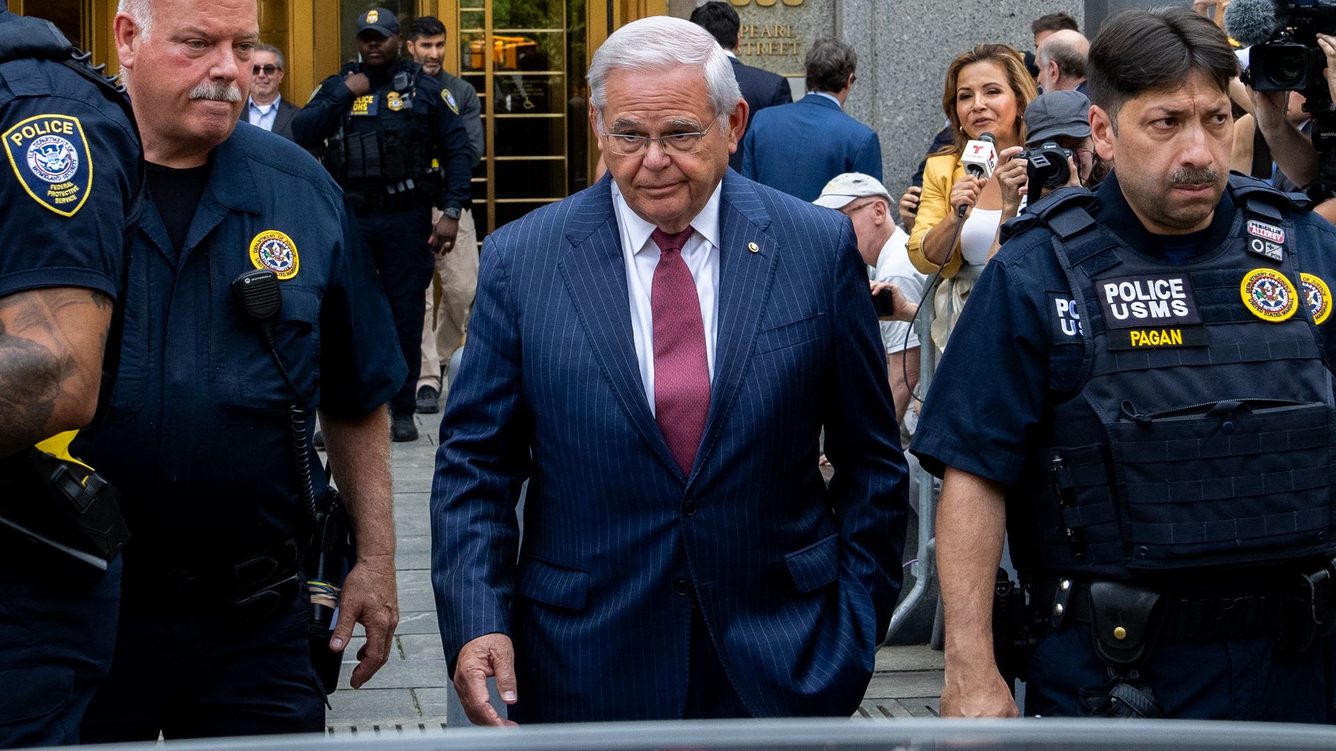 U.S. Sen. Bob Menendez (D-NJ) exits Manhattan federal court on July 16, 2024 in New York City. Menendez and his wife Nadine are accused of taking bribes of gold bars, a luxury car, and cash in exchange for using Menendez's position to help the government of Egypt and other corrupt acts.