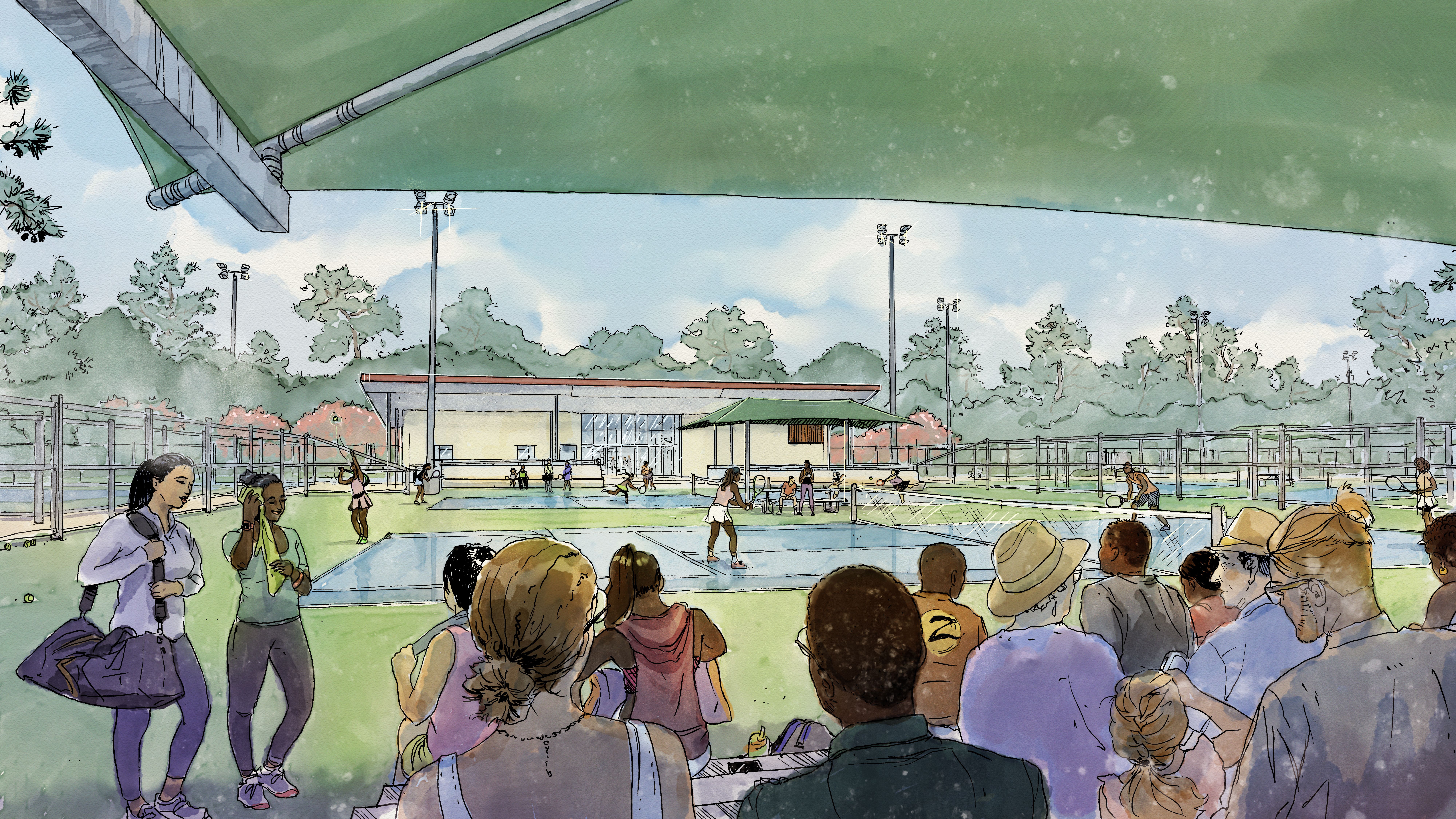 Watercolor scene of an outdoor sports complex: a crowd watches tennis courts with nets, tall floodlights, and a modern glass-walled building behind, amid green trees and blue sky.