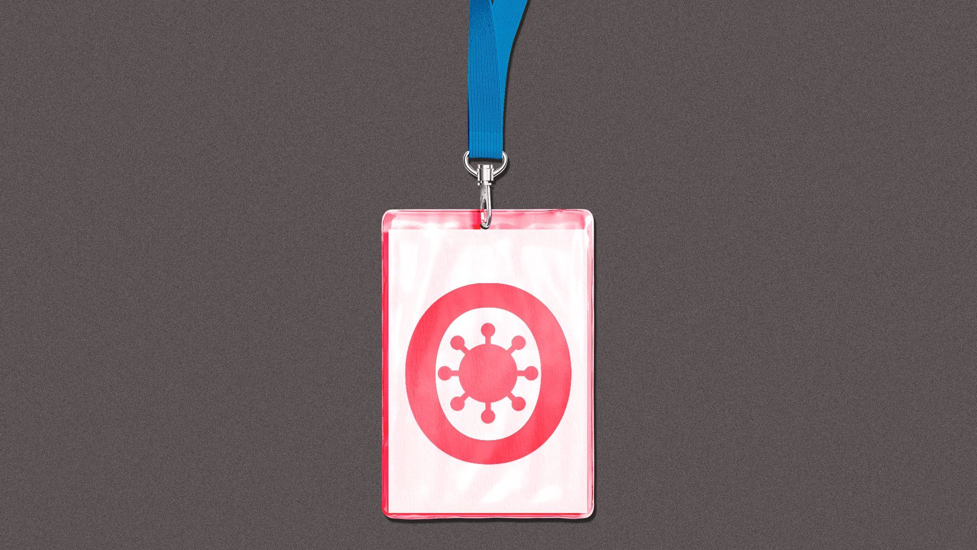 Illustration of a conference lanyard with the letter O and a covid particle icon on it.