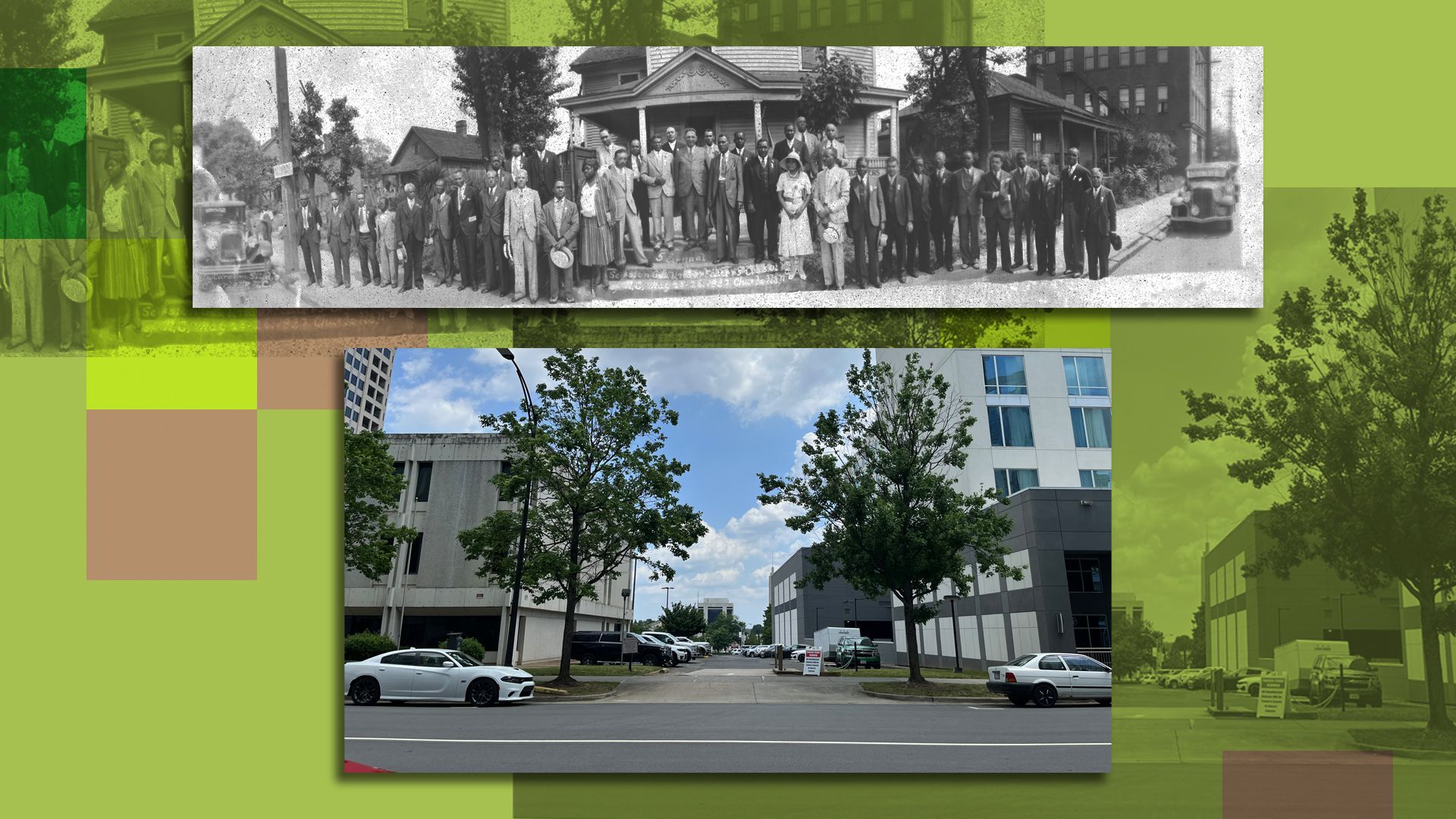 Photo illustration collage of historical and modern images from Charlotte. 