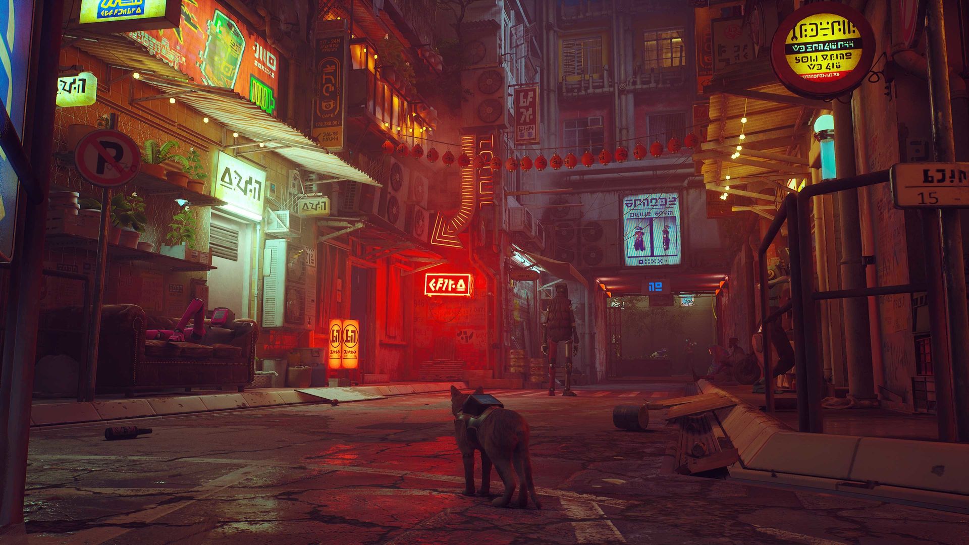 Video game screenshot of a cat walking through a rainy street in a Japanese city at night