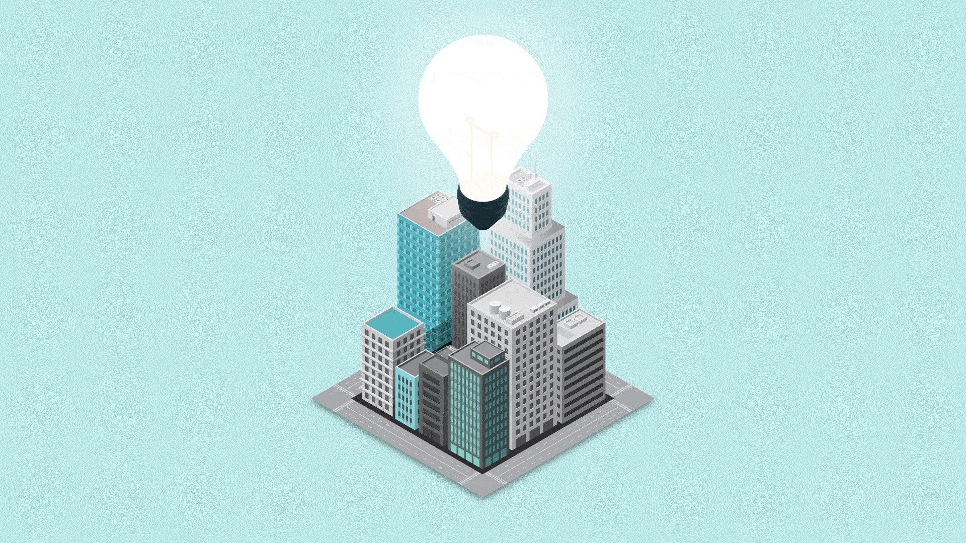 Animated illustration of a lightbulb hovering over a city block.