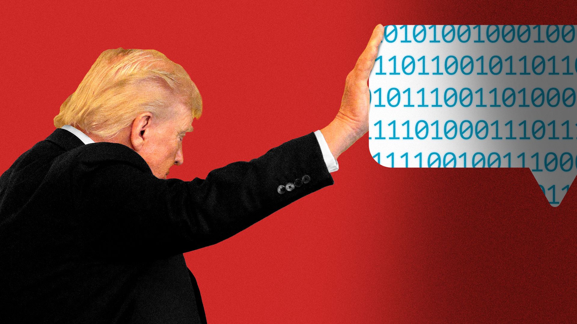 Photo illustration of President Donald Trump pushing away a binary-filled speech bubble.