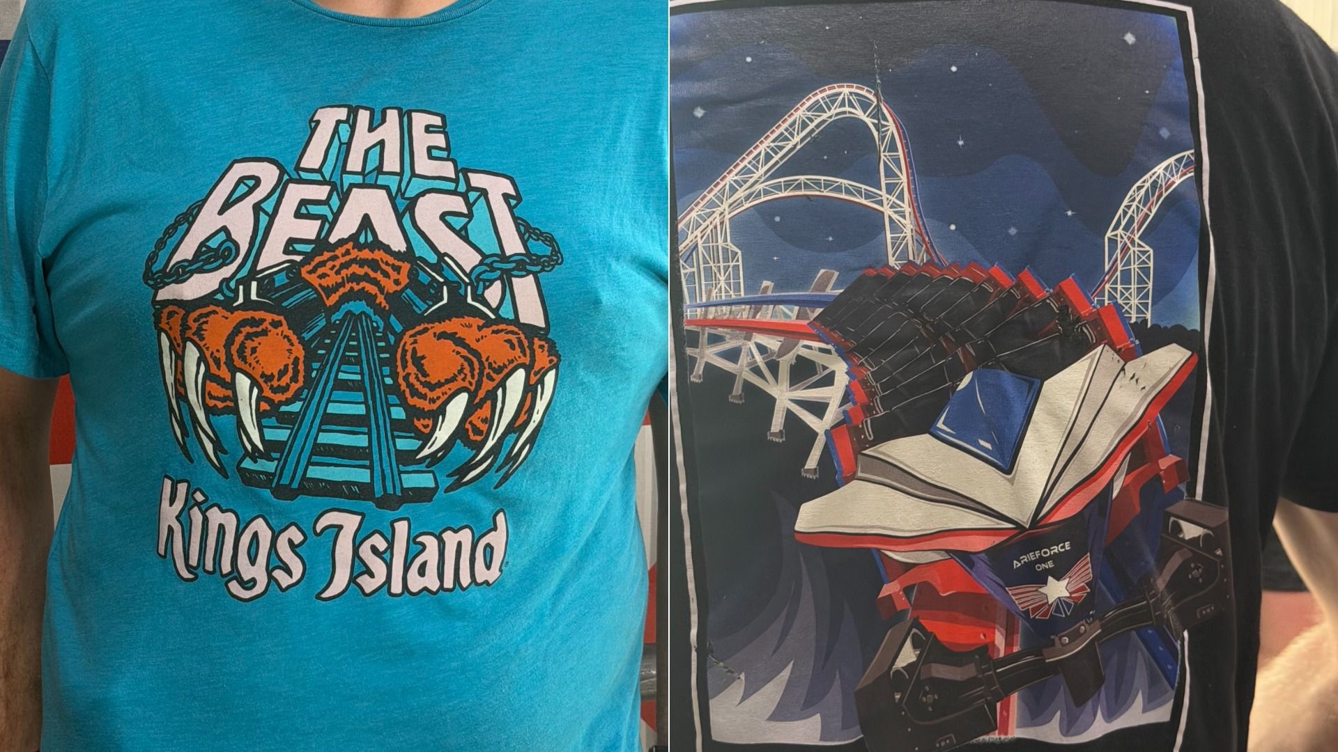 Two shirts: left turquoise tee with "THE BEAST" and orange claws around a blue roller-coaster; Kings Island below. Right black tee shows a white-arched roller-coaster and a red/blue train under a night sky.