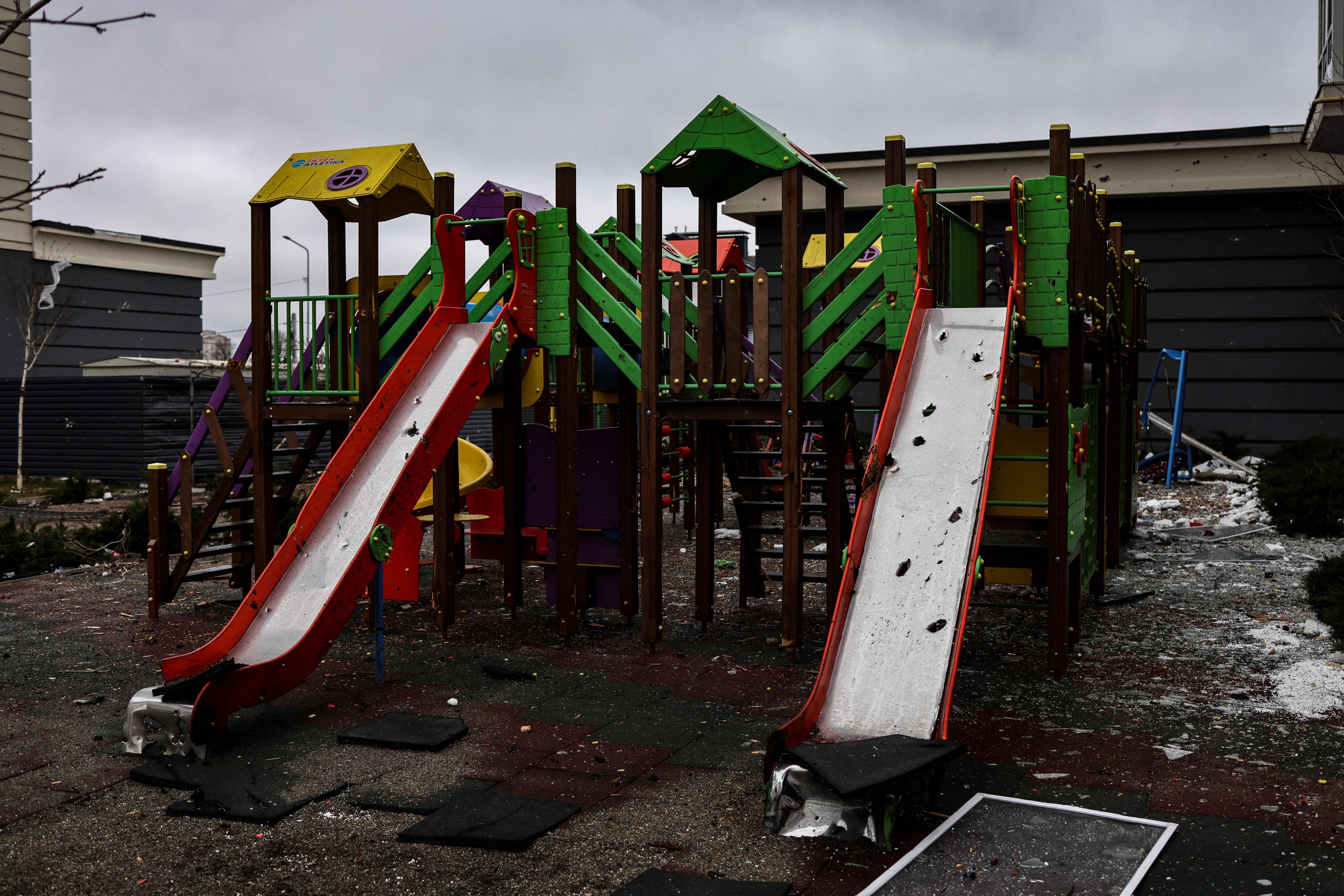 A playground with bullet holes in Bucha, northwest of Kyiv, on April 2.