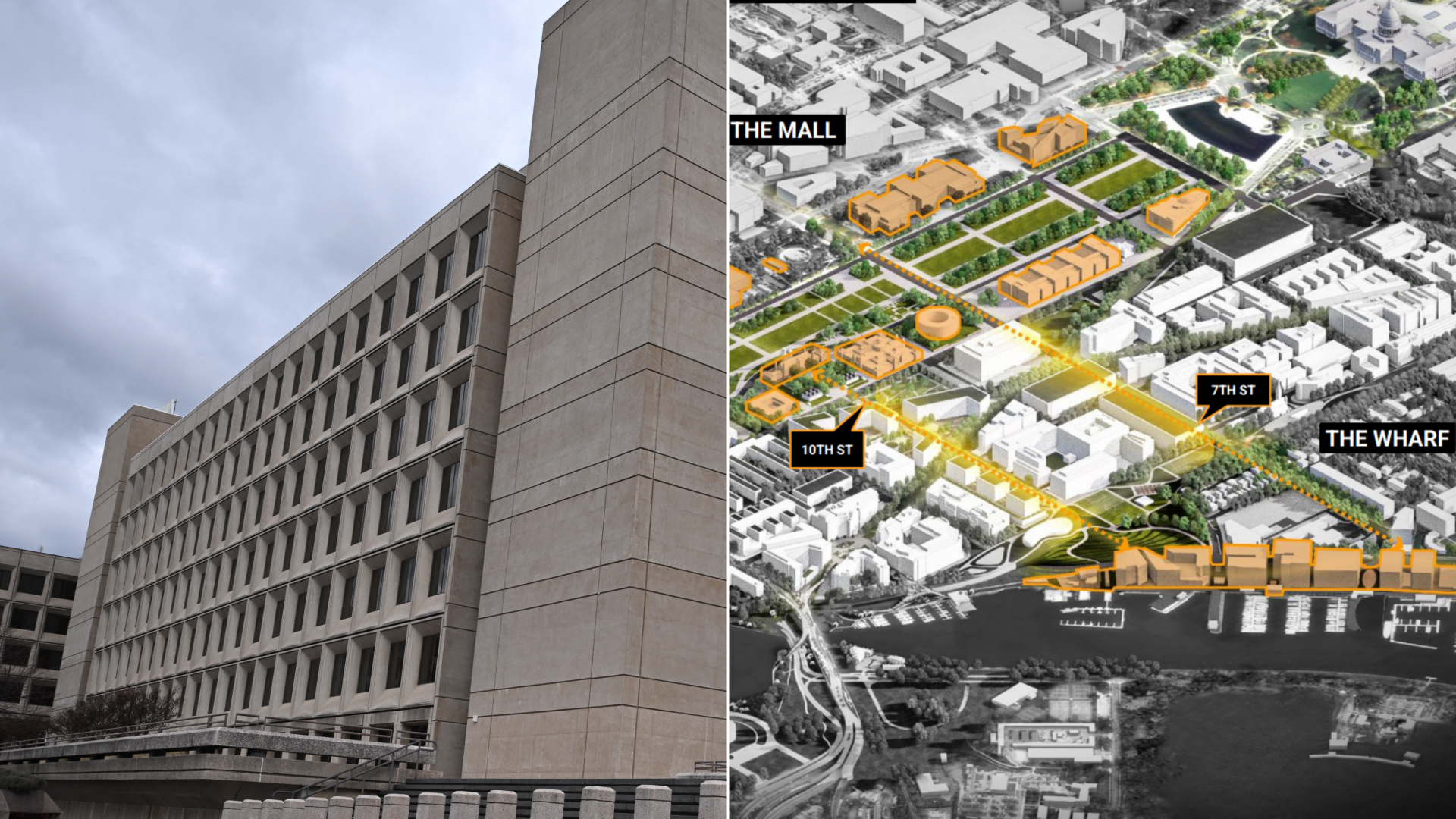 A side-by-side image collage of a brutalist government office building on the left and a map showing a possible new redeveloped connection between the Mall and the Wharf