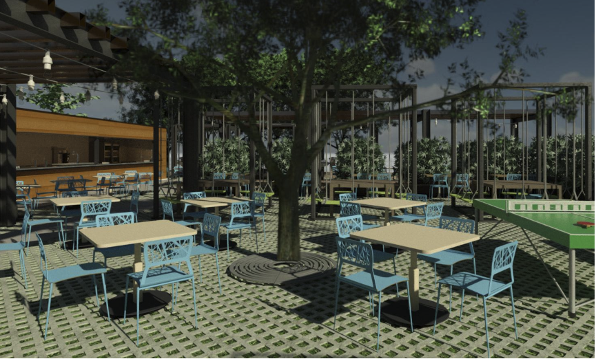 A rendering shows an outdoor space with tables, chairs, a covered cocktail bar and a pingpong table.