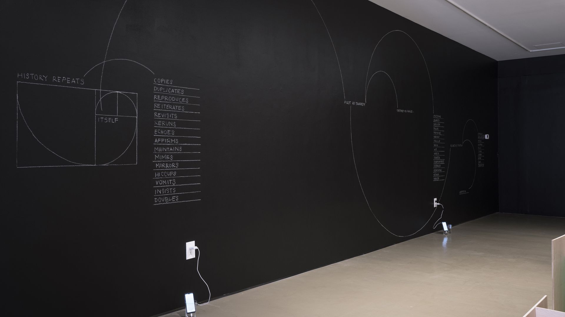 A photo of an art installation at the ICA, it is white outlines on a black wall