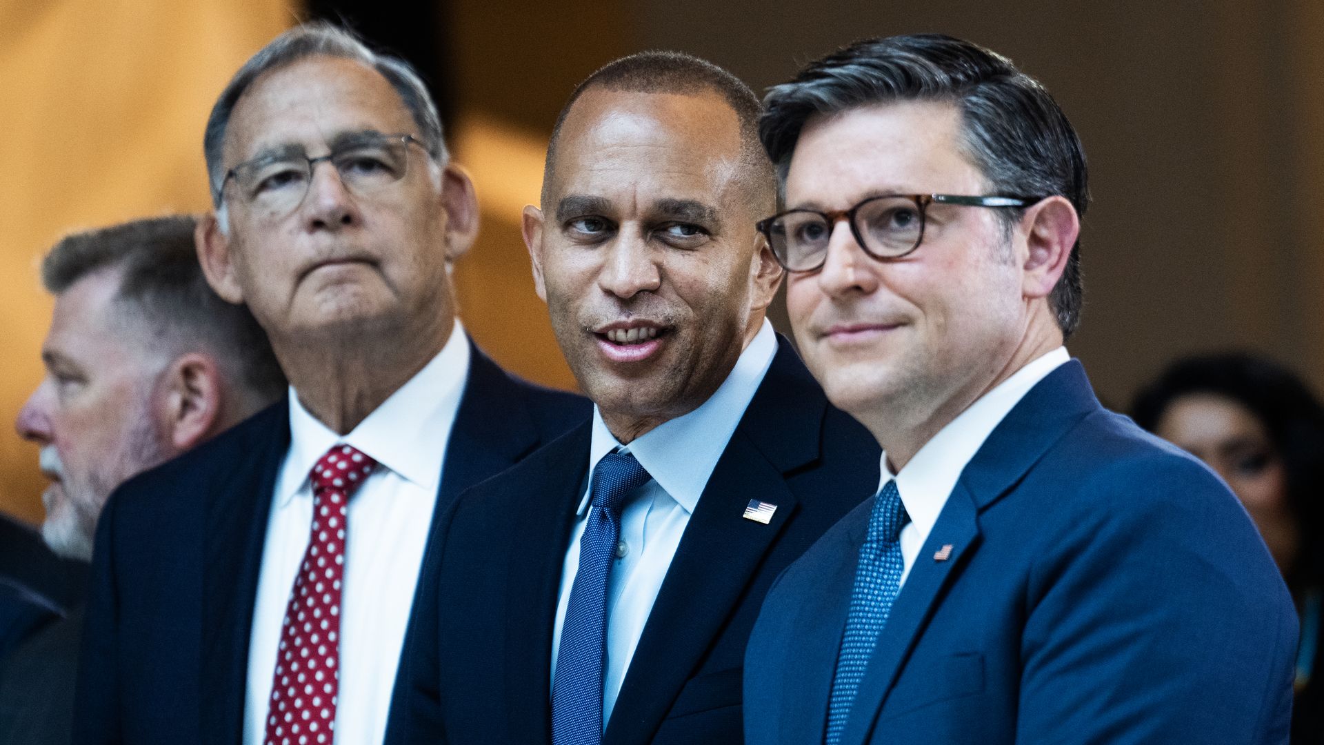 From right, Speaker of the House Mike Johnson, R-La., House Minority Leader Hakeem Jeffries, D-N.Y., Sen. John Boozman, R-Ark., and Rep. Rick Crawford, R-Ark., attend the statue unveiling ceremony for country music legend Johnny Cash in Emancipation Hall on Tuesday, September 24, 2024.