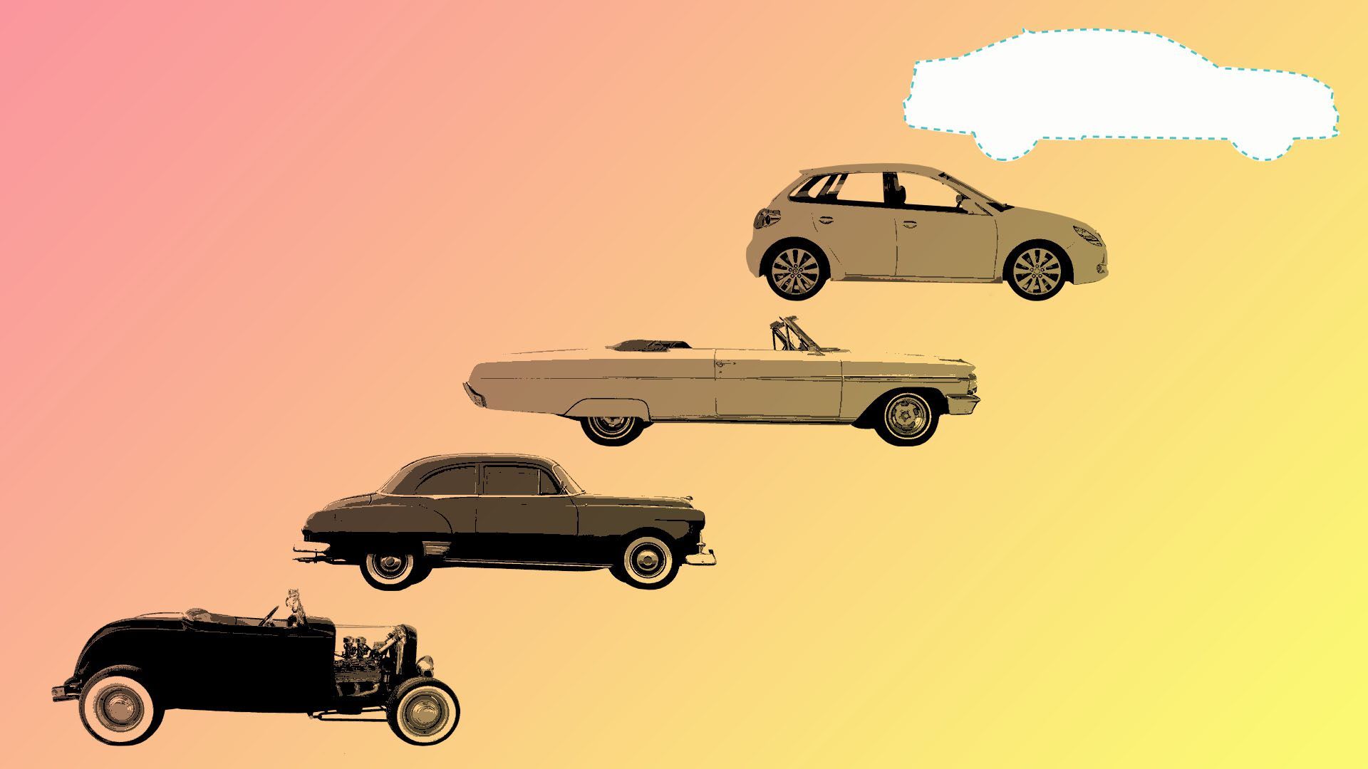 Illustration of car timeline with a blank space for a future autonomous vehicle