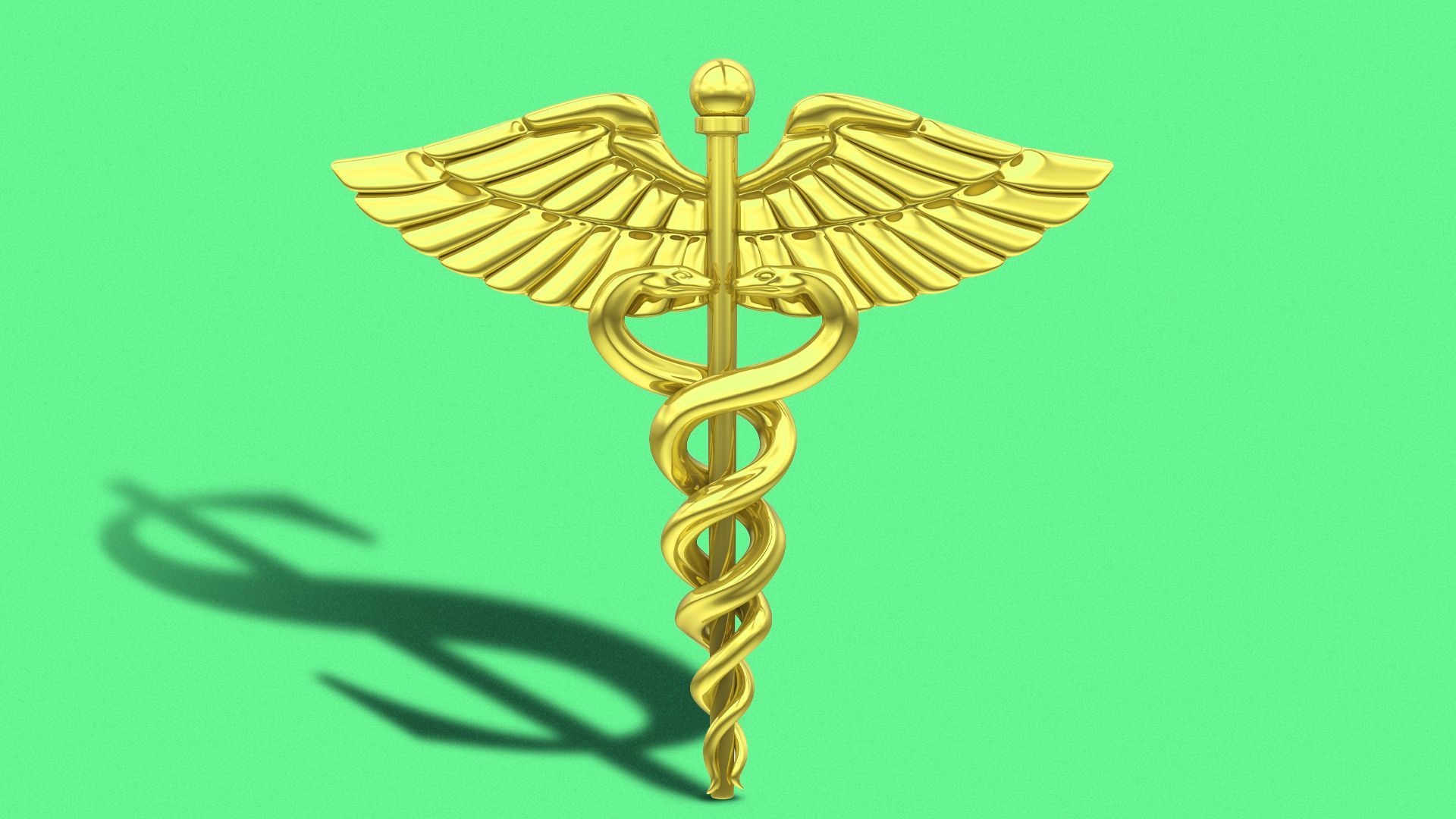 Illustration of a gold caduceus casting a dollar sign shadow