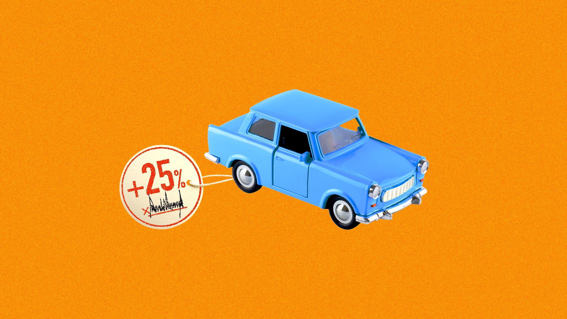 A car with a 25 percent tag, signed by Donald Trump, to represent tariffs.