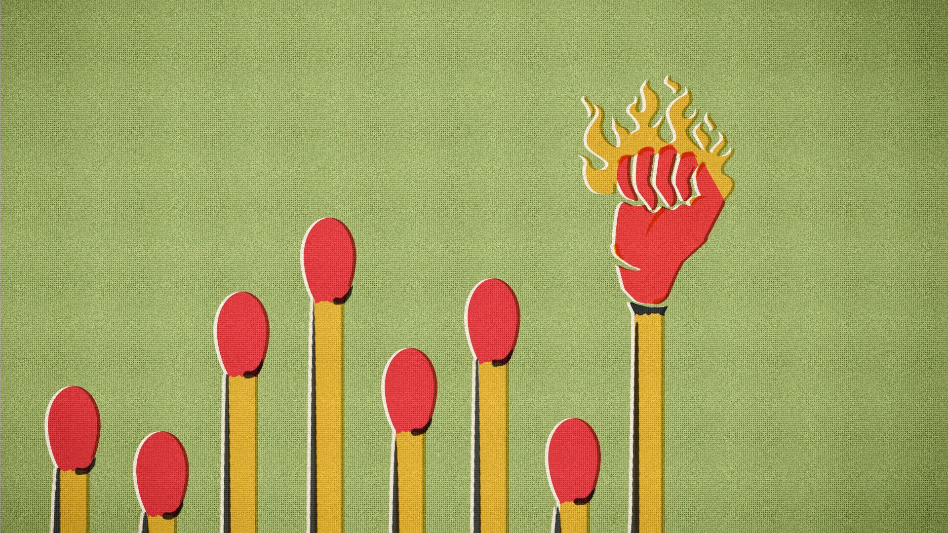Illustration of a set of matches arranged a bar chart with the last match on fire in the shape of a fist. 