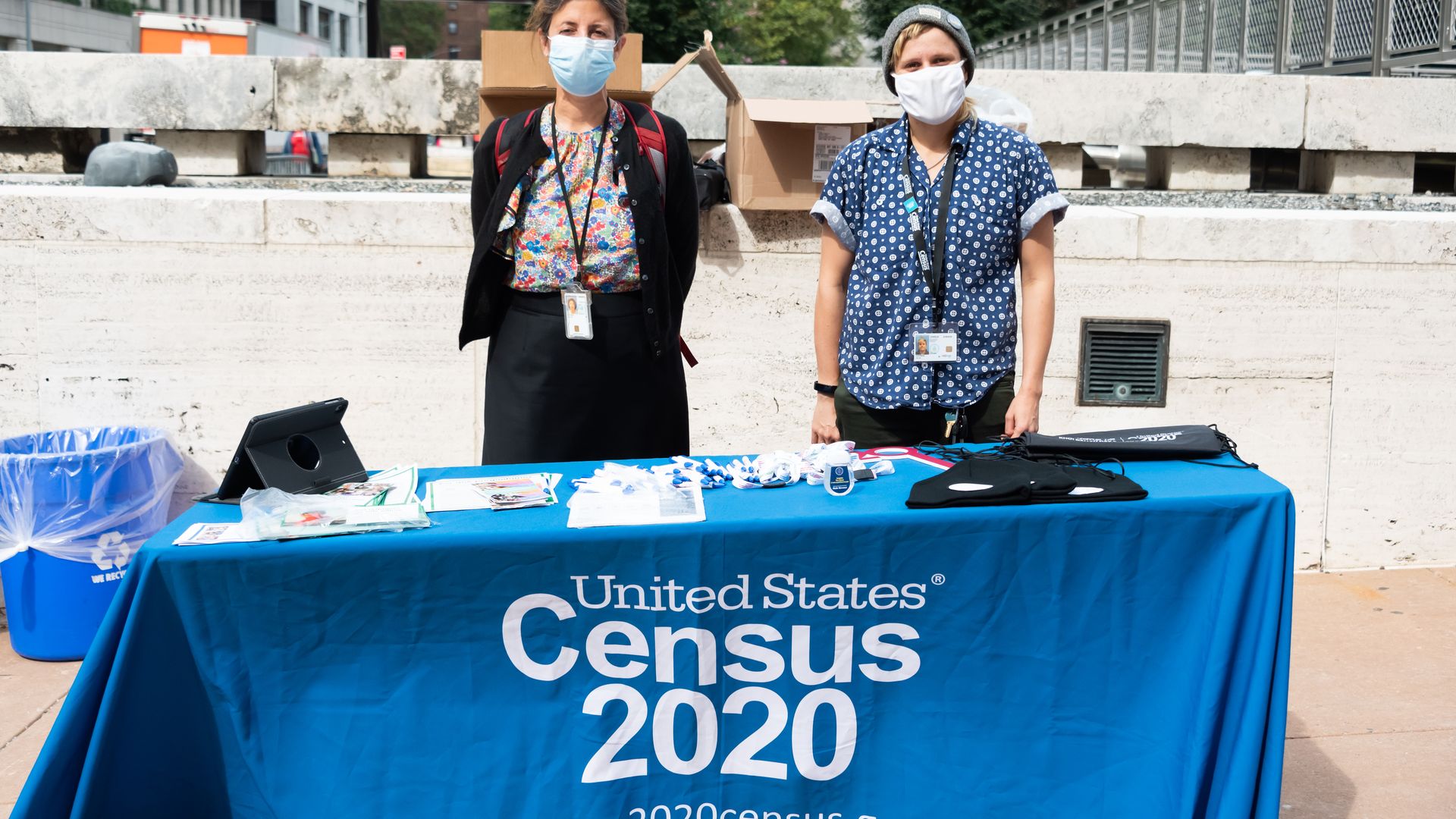 Census workers stand outside Lincoln Center for the Performing Arts in New York City.