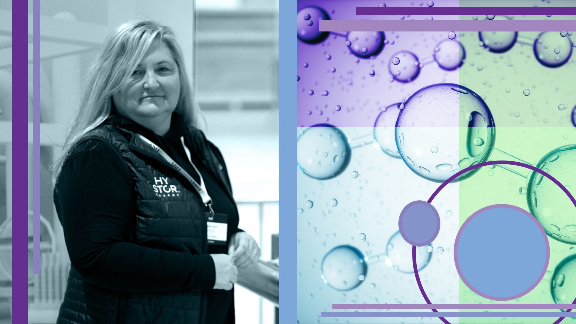 Photo illustration of Laura Luce, hydrogen molecules, and abstract shapes.
