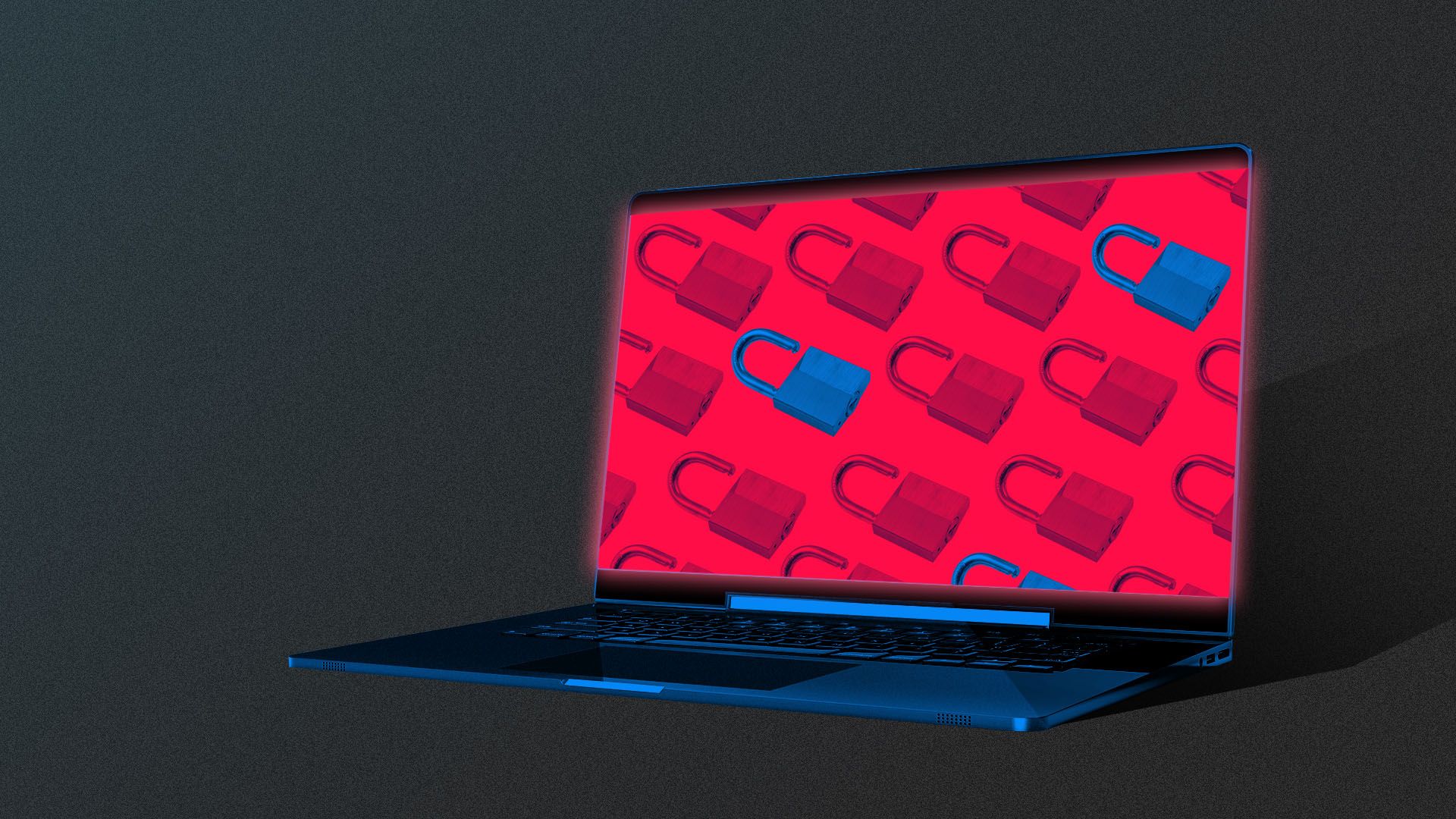 Illustration of a laptop with open locks all over the screen