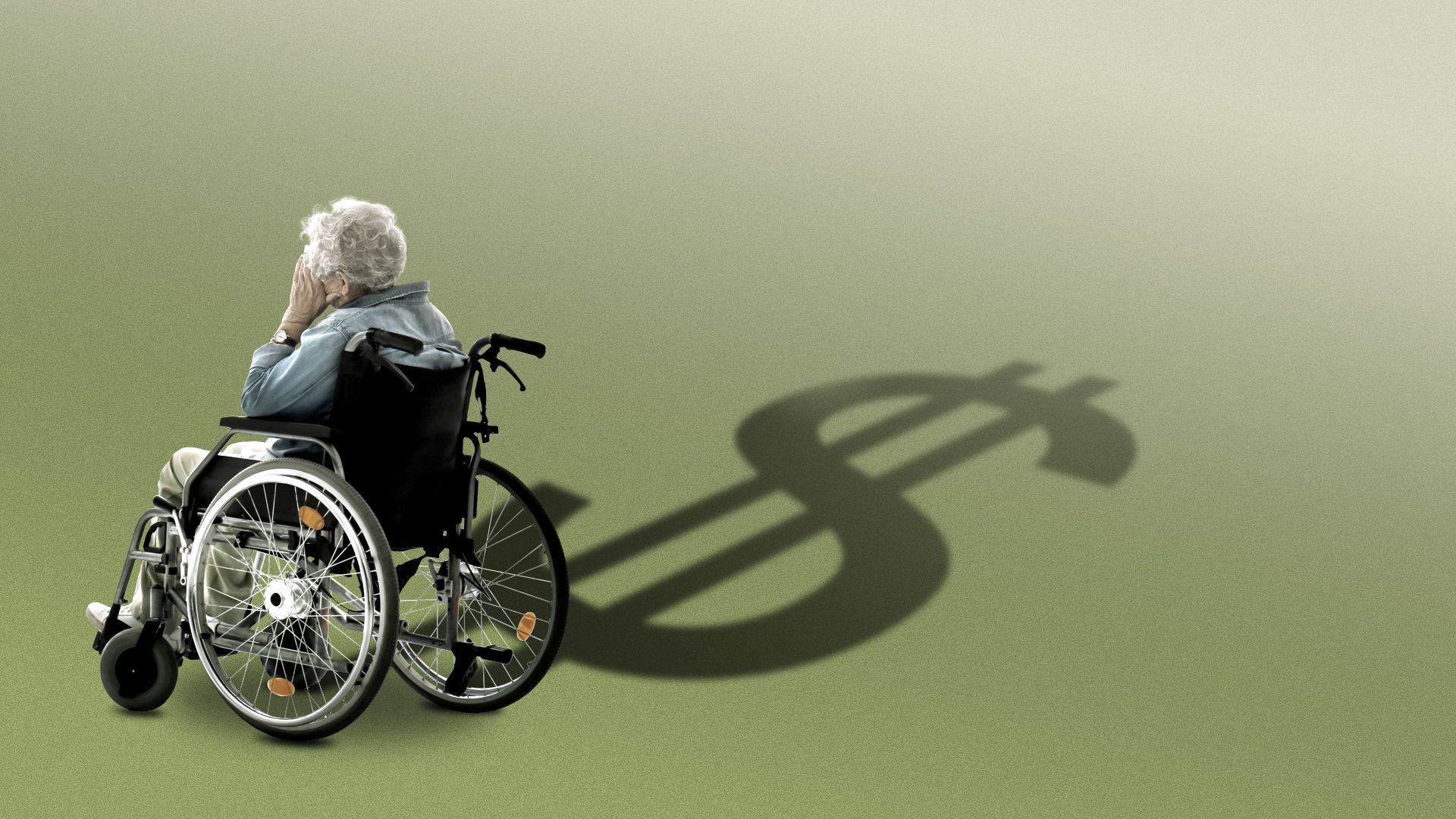 Illustration of an elderly woman in a wheelchair casting a shadow in the shape of a dollar sign