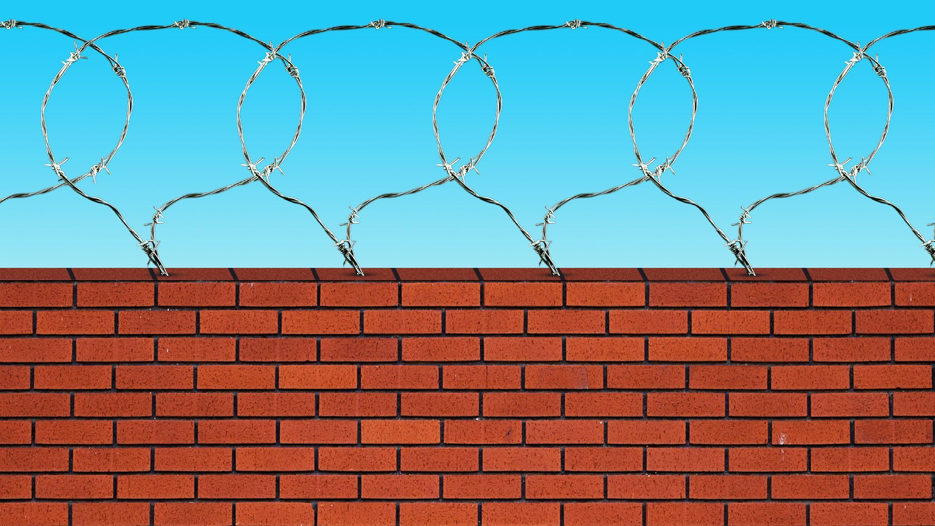 Illustration of barbed wire shaped like speech bubbles lining the top of a brick wall.   