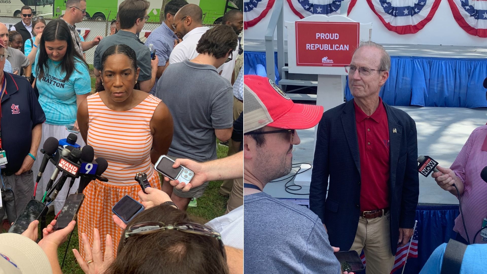 Two photos from a political event: left shows a woman in an orange striped dress speaking to reporters with microphones; right shows a man in a red polo being interviewed near a "Proud Republican" sign.