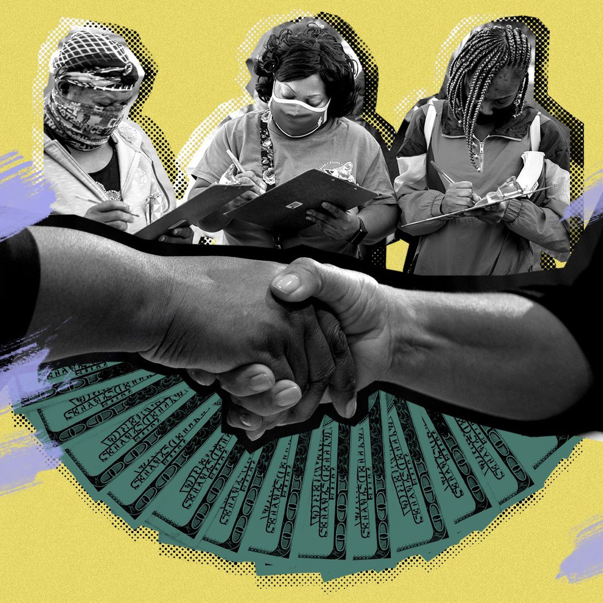 Photo illustration of voters, a handshake and money.