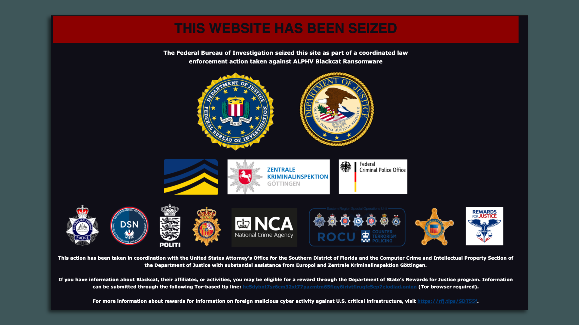 Screenshot of a seizure notice on the the Black Cat ransomware gang dark-website 