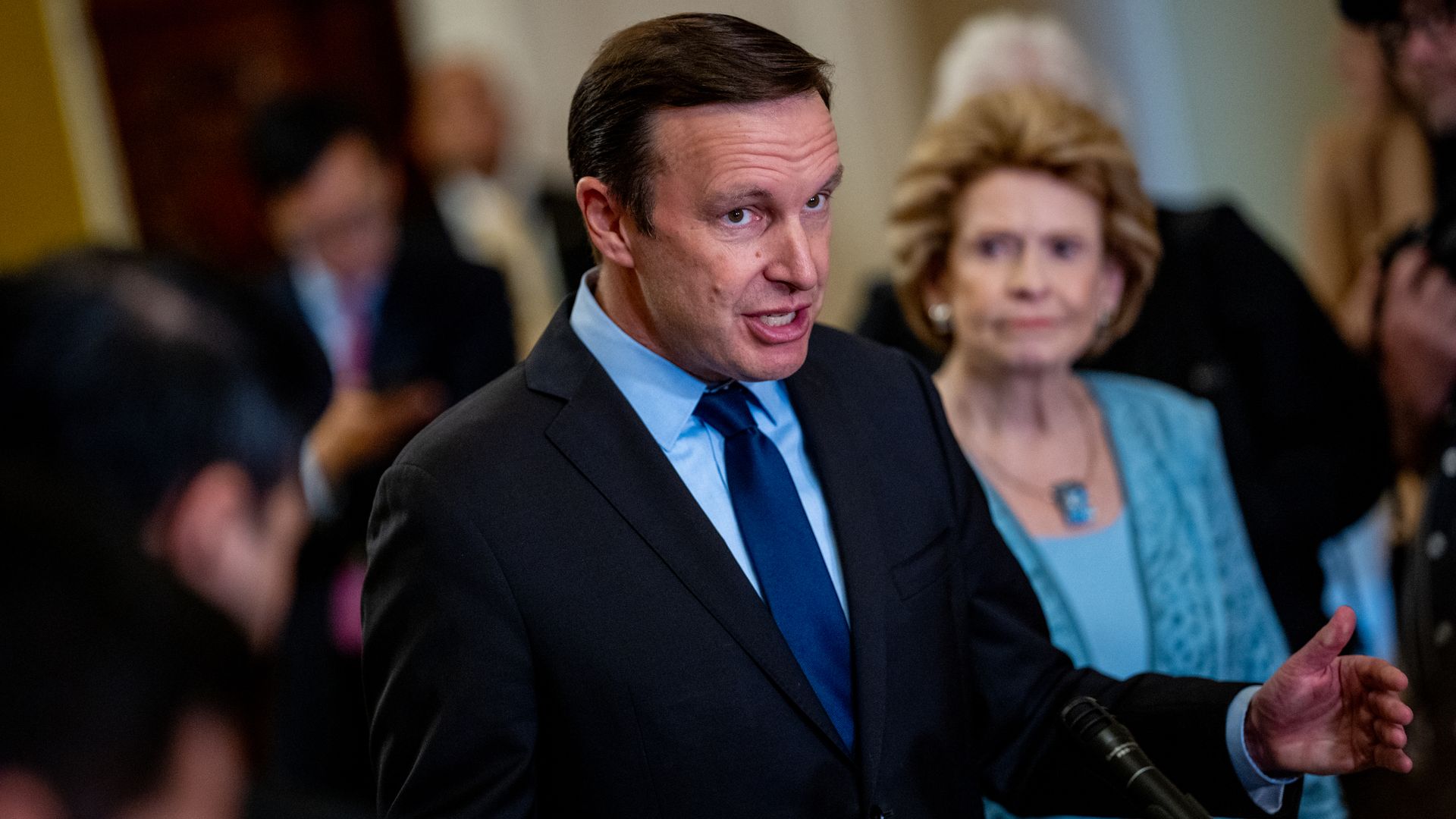 Sen. Chris Murphy (D-CT) speaks during a news conference following a Senate Democratic policy luncheon on Capitol Hill on May 15, 2024. 