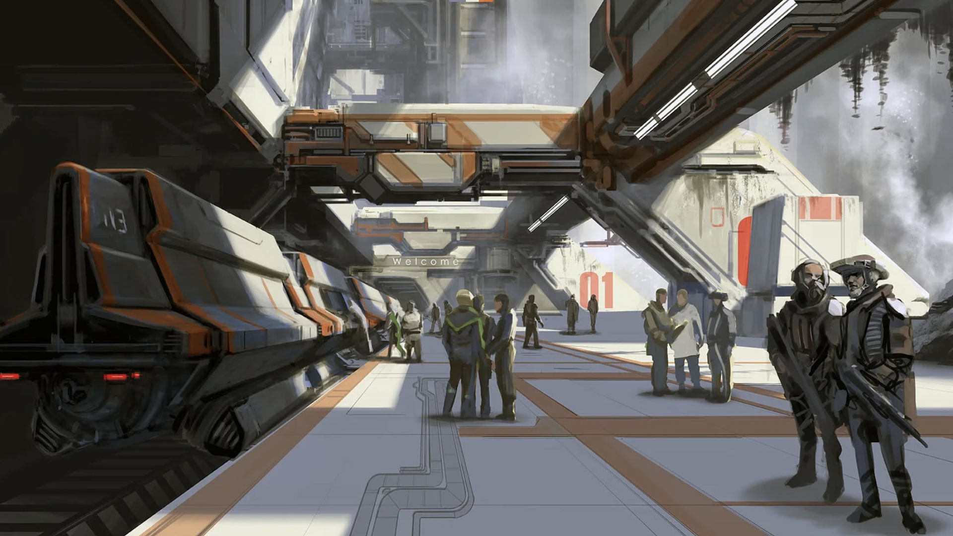 Concept art showing a futuristic train station