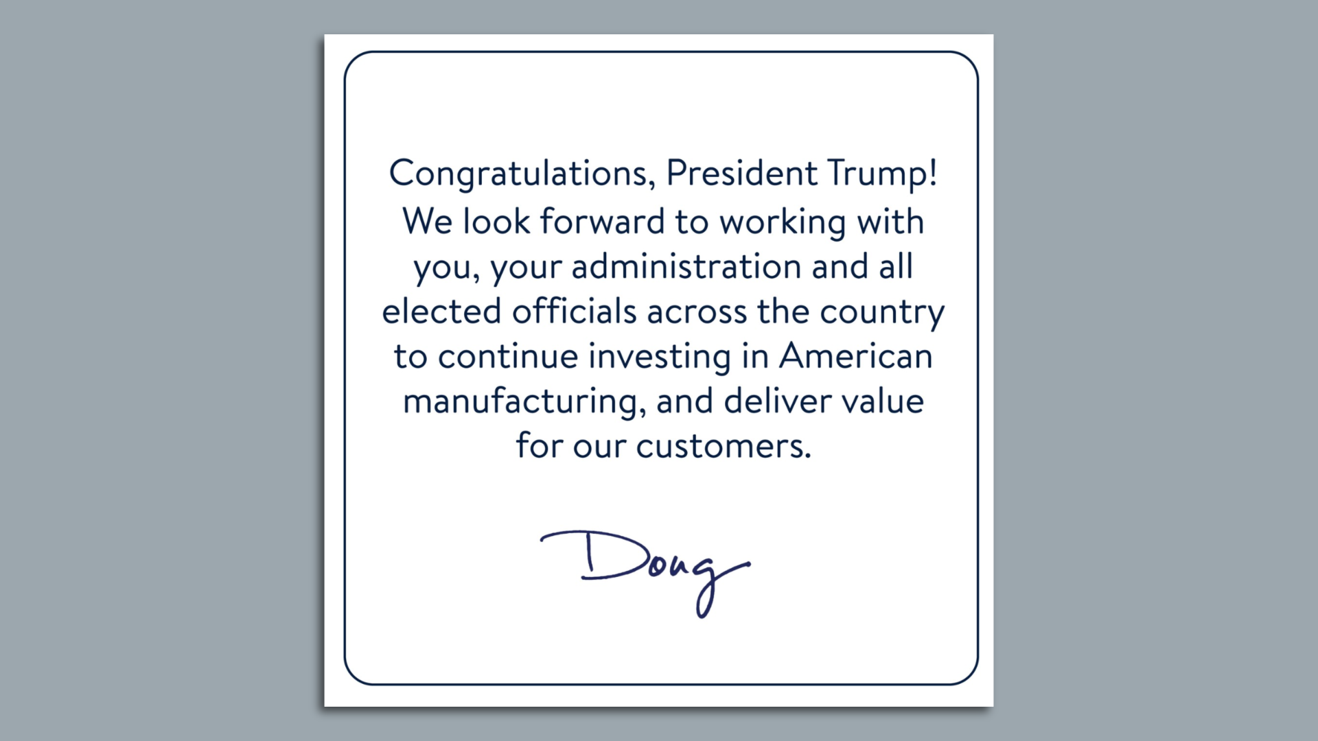 An instagram post from Walmart CEO Doug McMillon congratulating President-elect Trump.