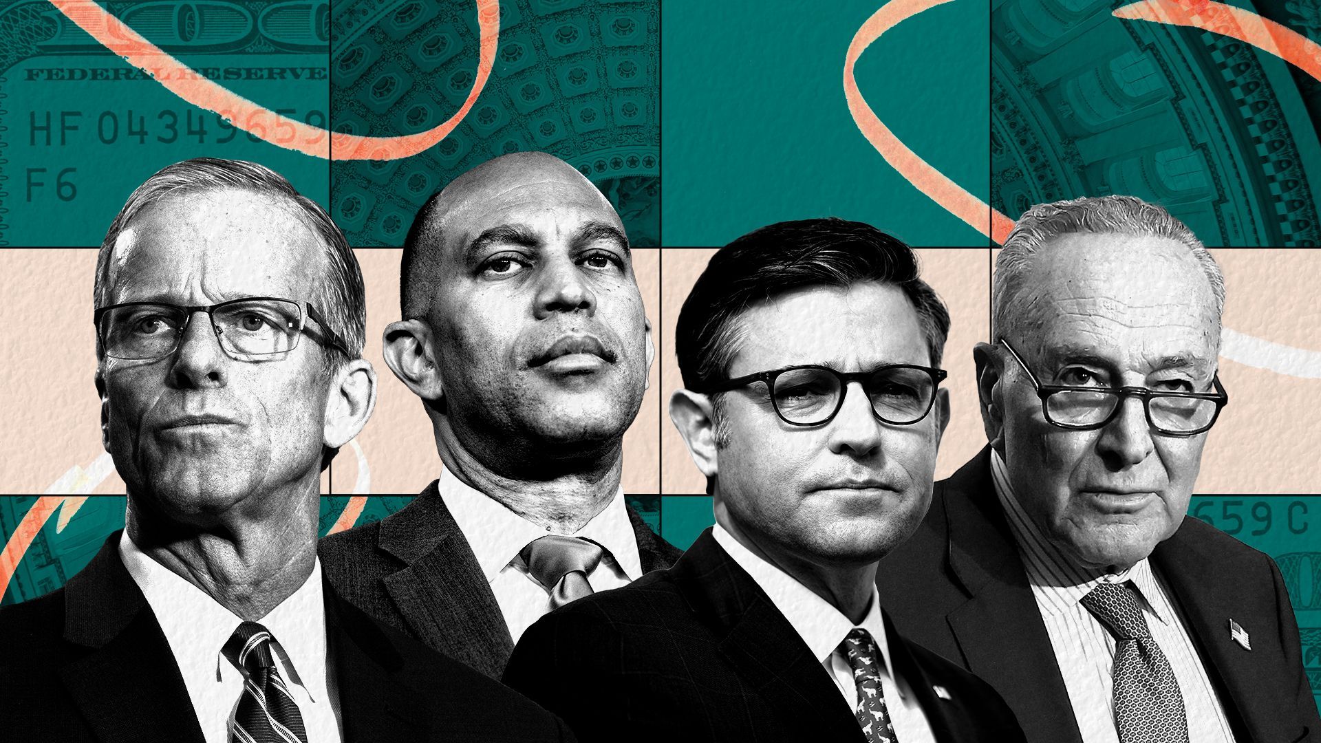 Photo illustration of John Thune, Hakeem Jeffries, Mike Johnson, and Charles Schumer, in front of a collage with currency, circles, and the interior of the Capitol Dome.