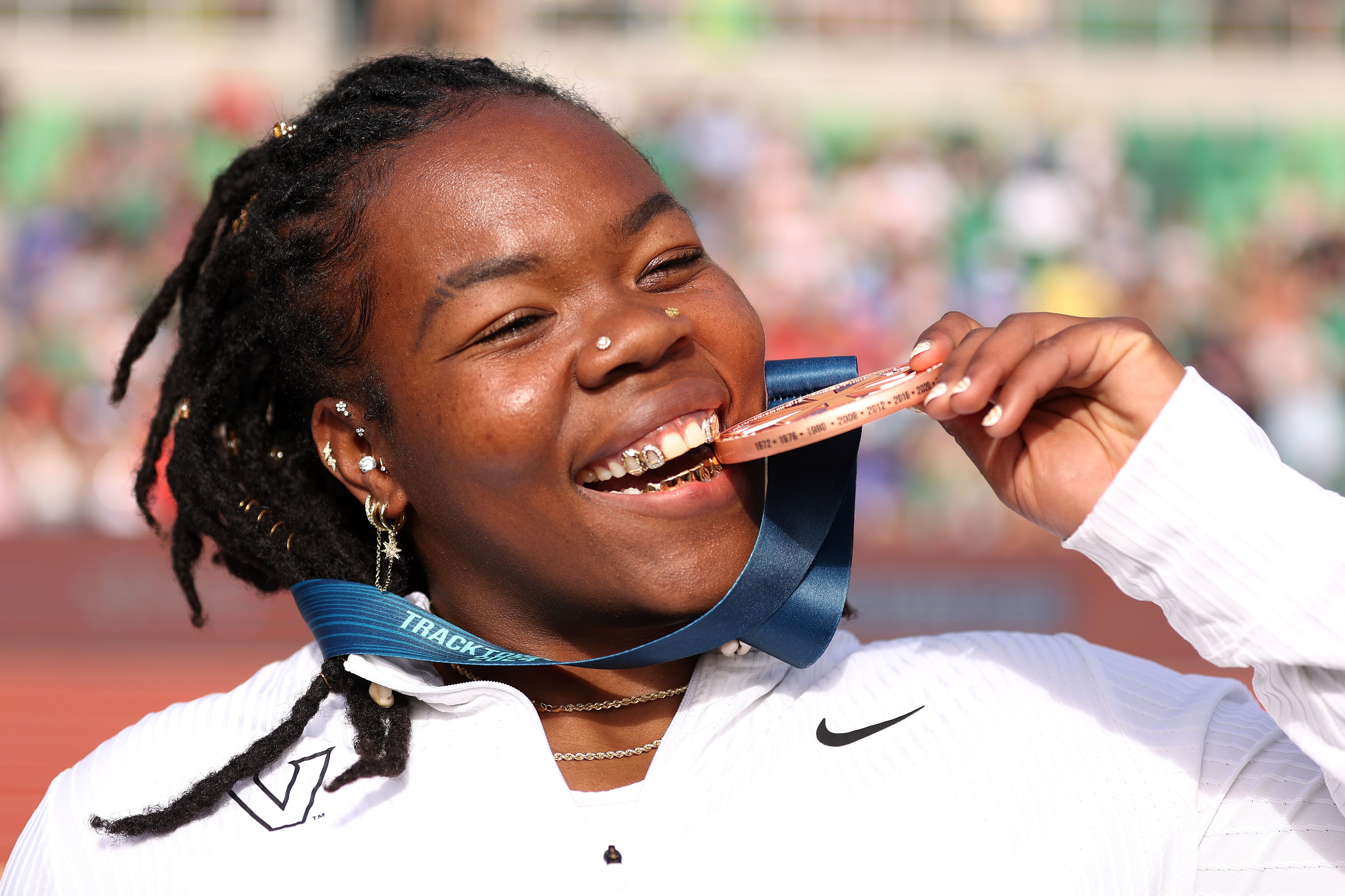 Veronica Fraley poses with the bronze medal after placing third in the women's discus throw final on Day Seven of the 2024 U.S. Olympic Team Track & Field Trials at Hayward Field on June 27, 2024 in Eugene, Oregon. (Photo by Christian Petersen/Getty Images)