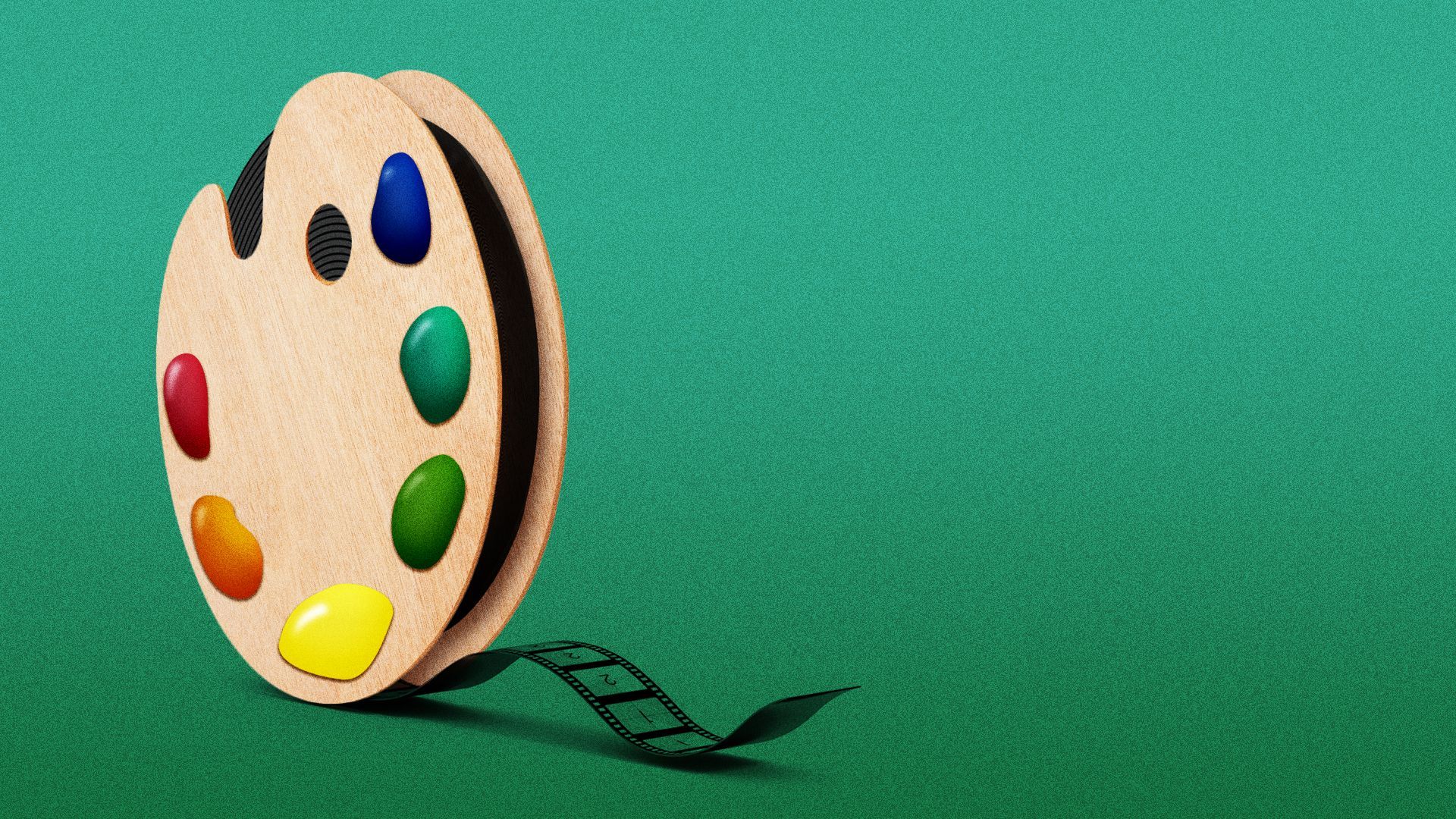 Illustration of a reel of film shaped like a paint palette. 