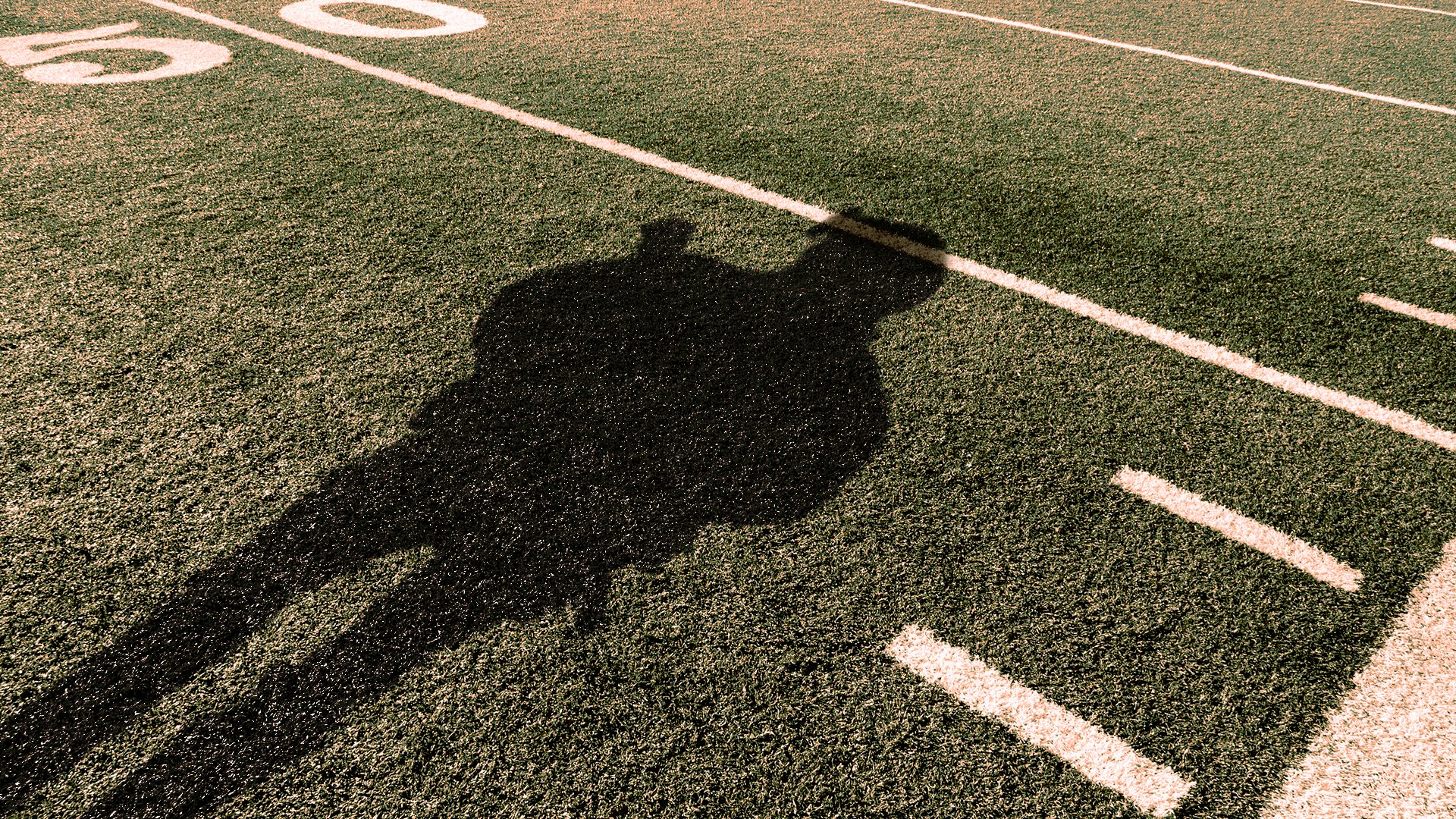 Illustration of an ICE agent's shadow on a football field.
