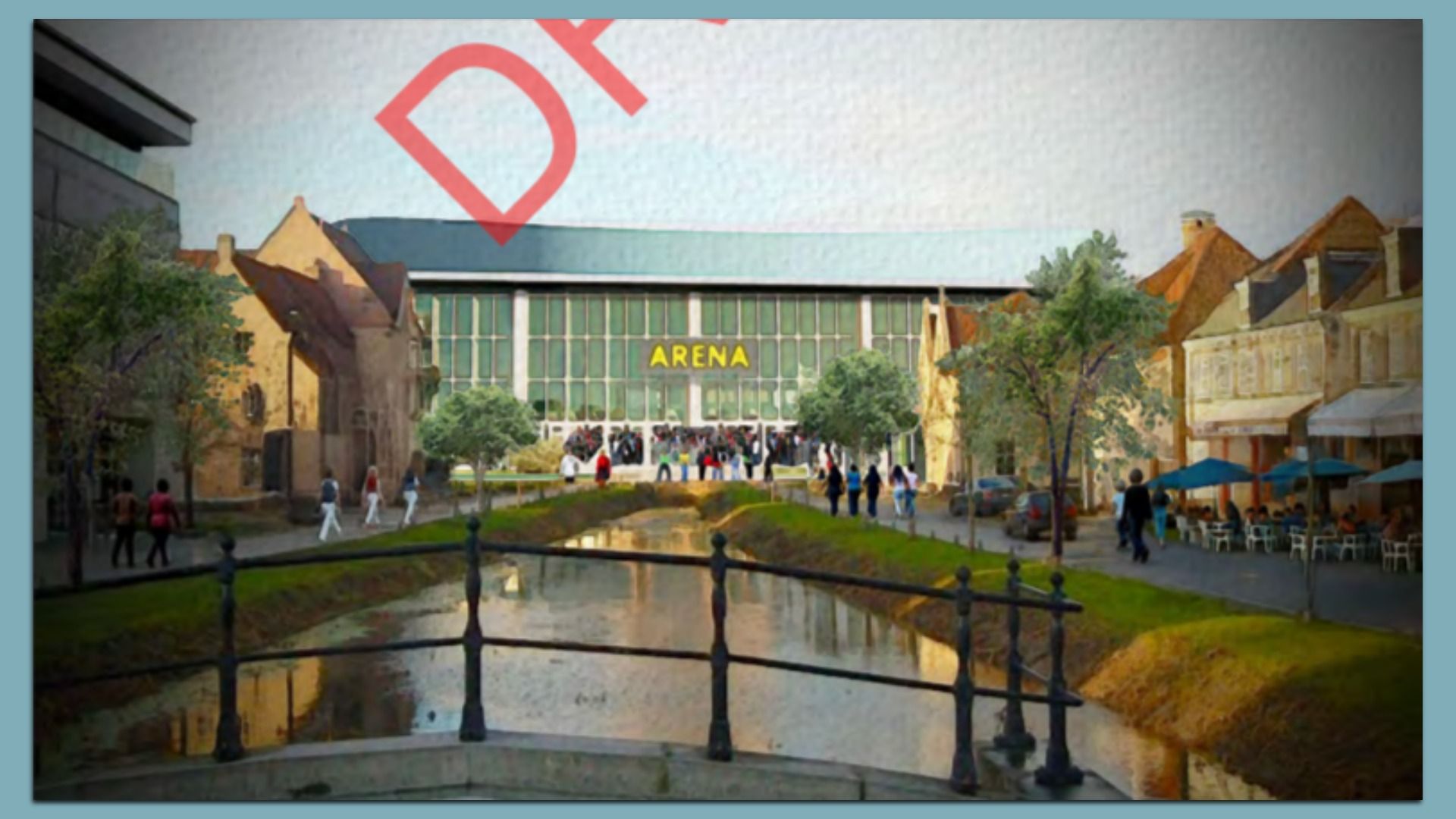 City plaza with a glass-front arena displaying yellow "ARENA". Brick buildings line the street. A canal with a railing runs in front, as people walk; blue-umbrella café seating on the right.