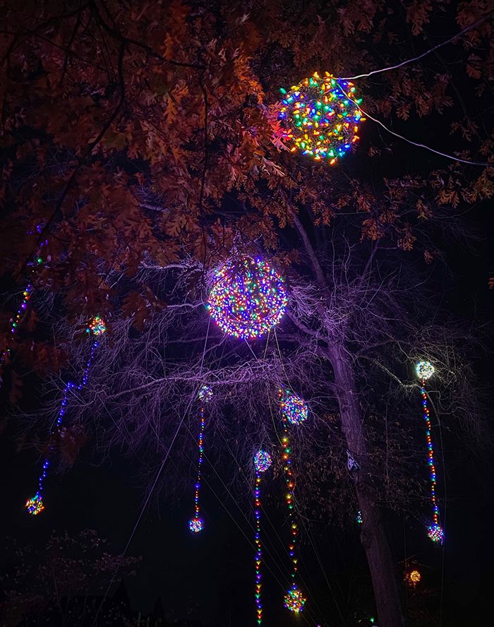 christmas light balls in trees hillside charlotte