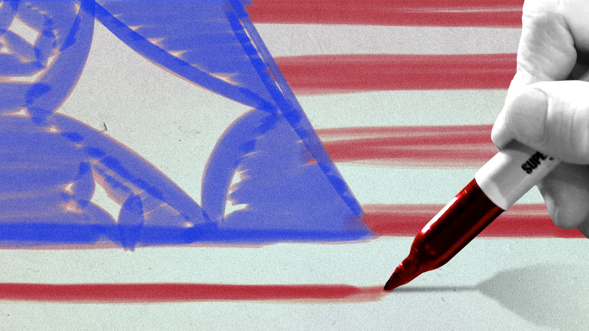 Photo illustration of a hand holding a marker, drawing American flag with a sparkle emoji instead of stars.